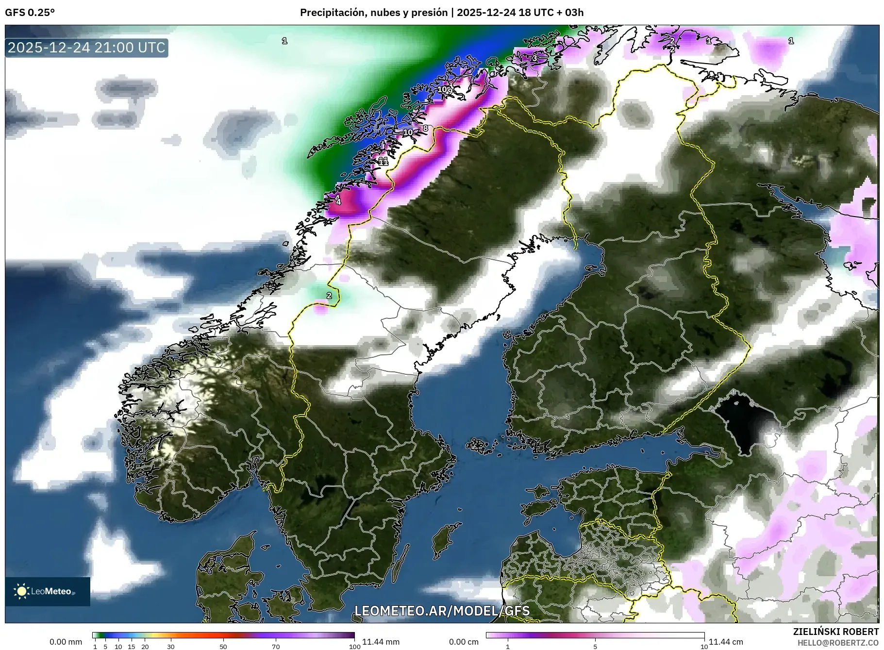 GFS model - Skandynawia, Opady, chmury i ciśnienie