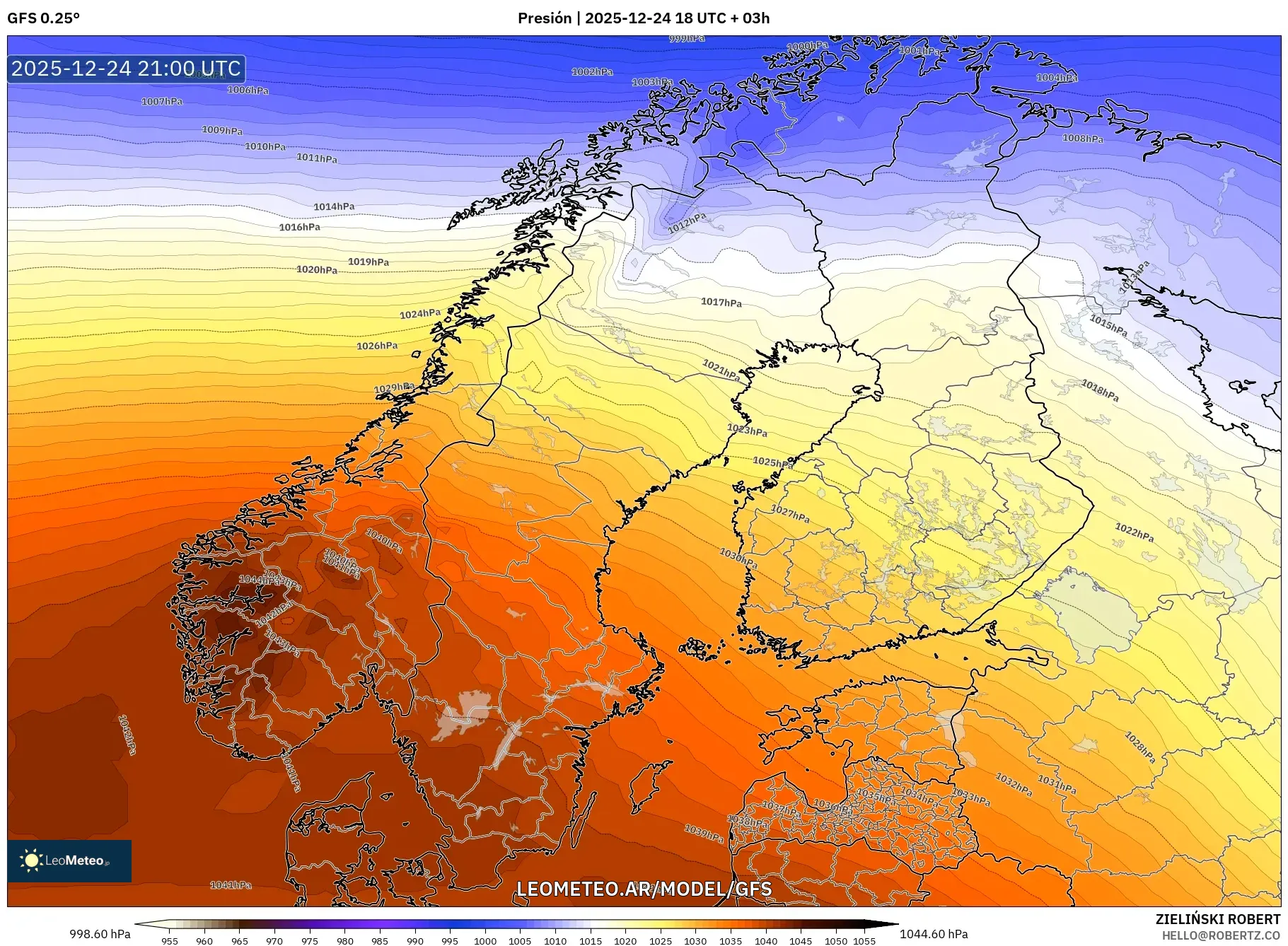 GFS model - Skandynawia, Ciśnienie