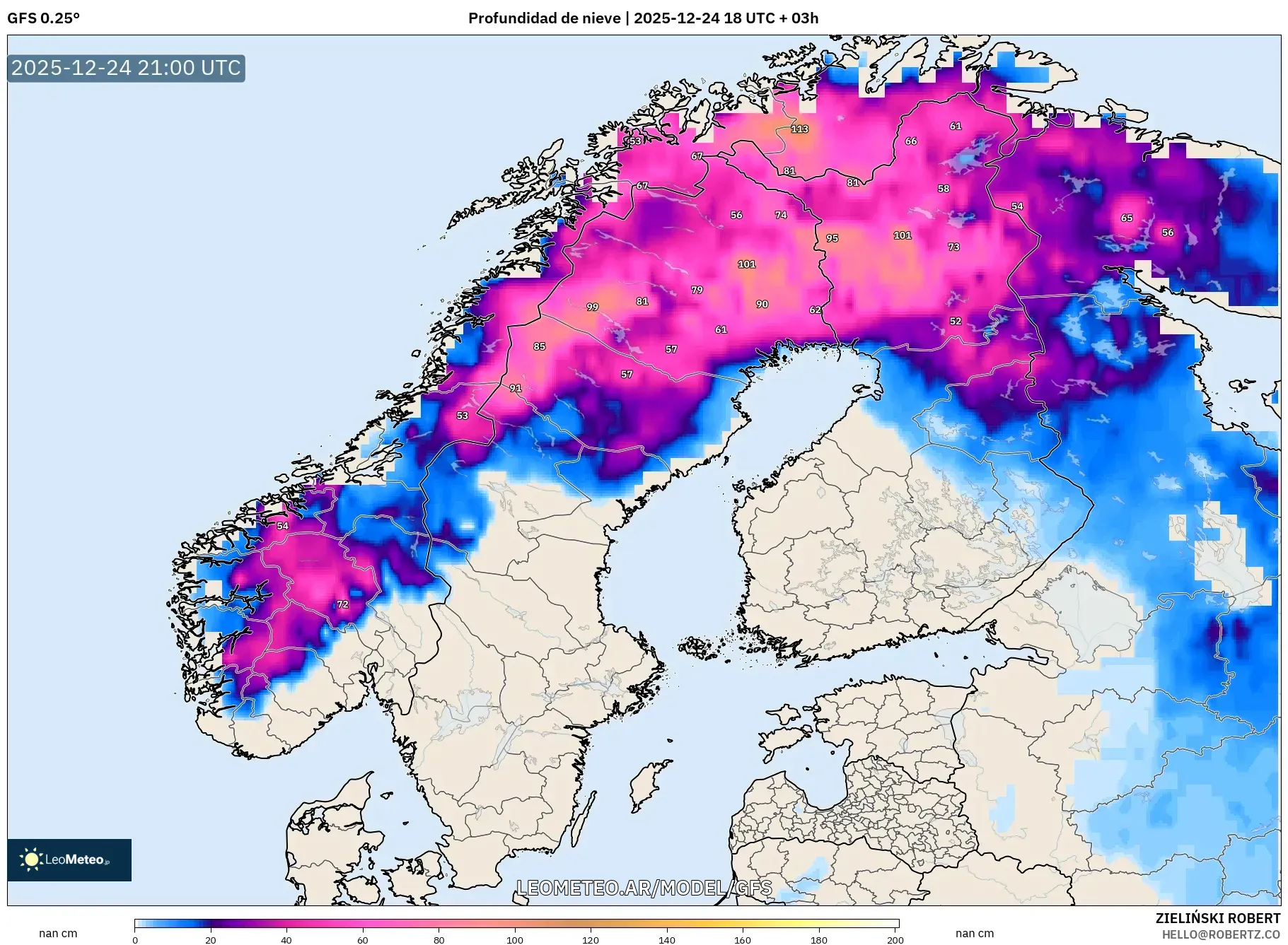 GFS model - Skandynawia, Pokrywa śnieżna