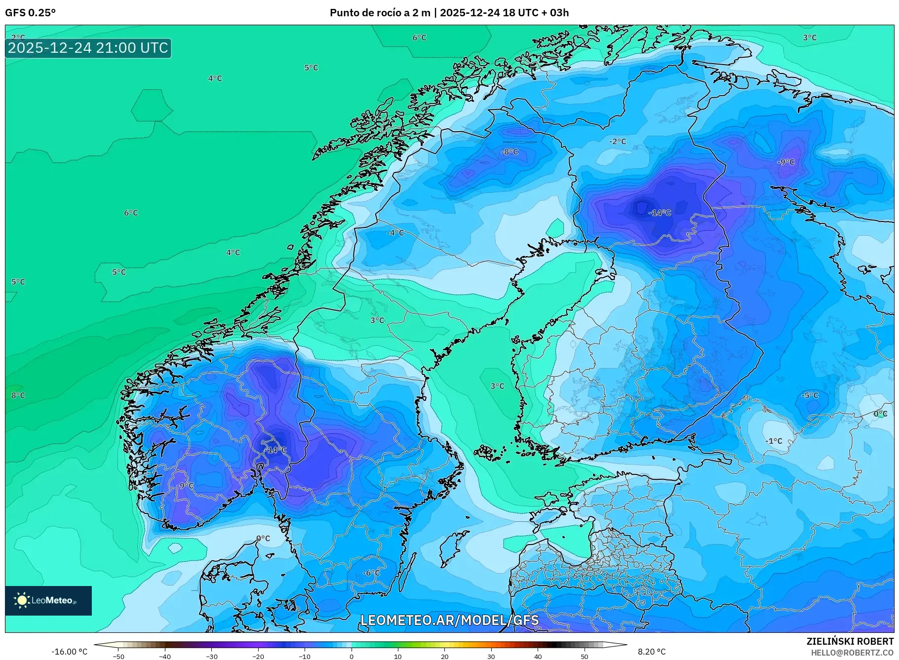 GFS model - Skandynawia, Punkt rosy na 2 m