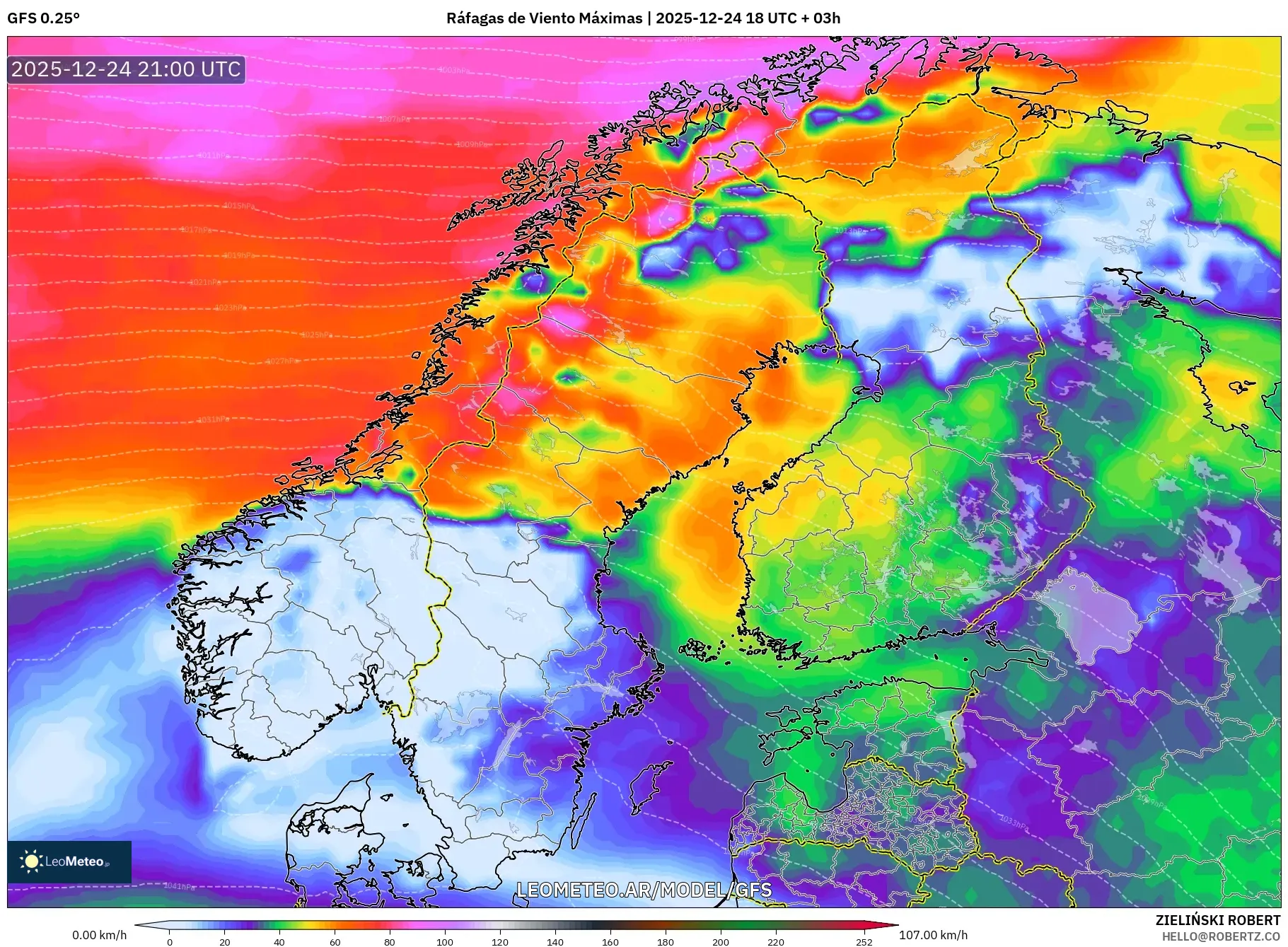 GFS model - Skandynawia, Maksymalne Porywy Wiatru