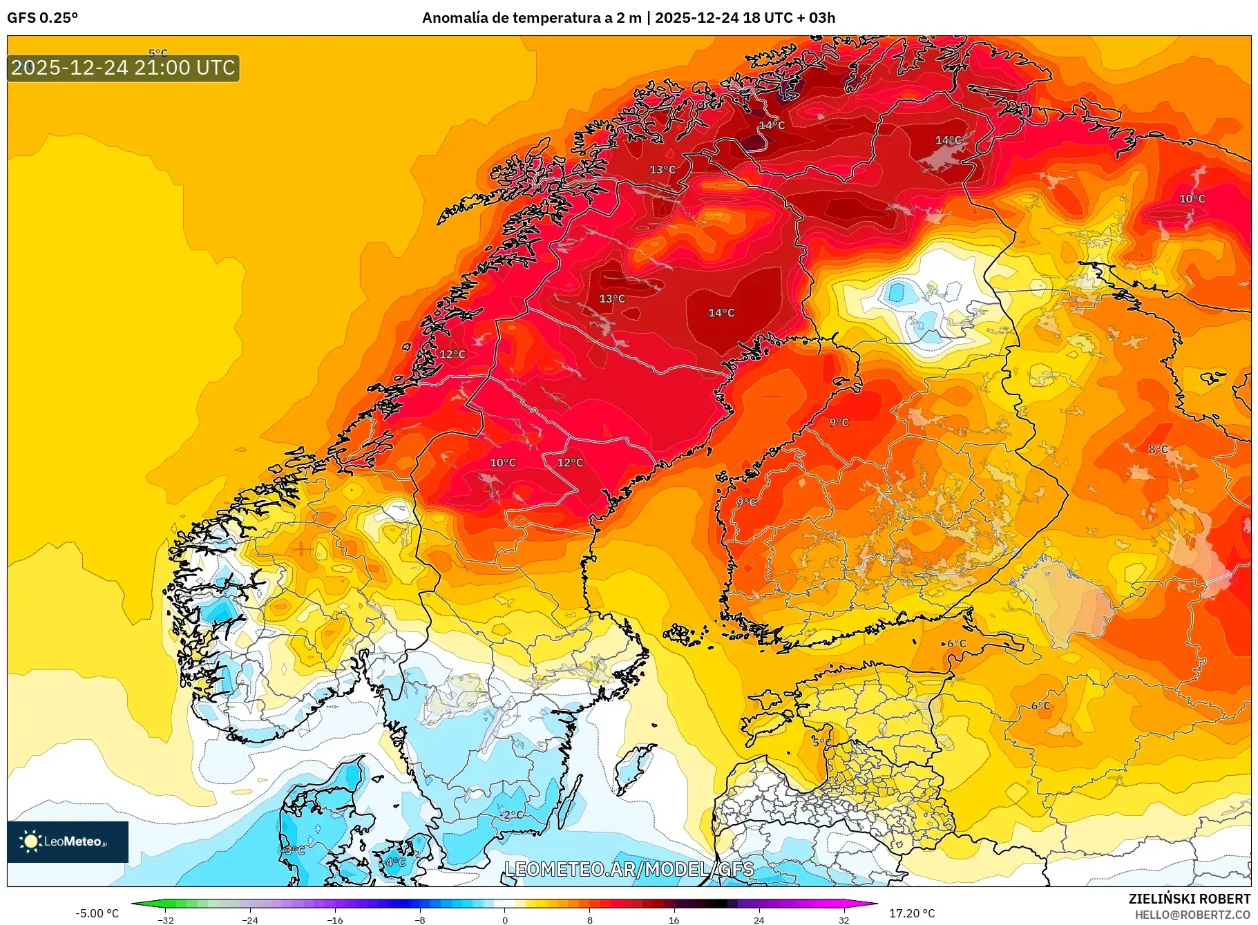 GFS model - Skandynawia, Anomalia temperatury na 2 m