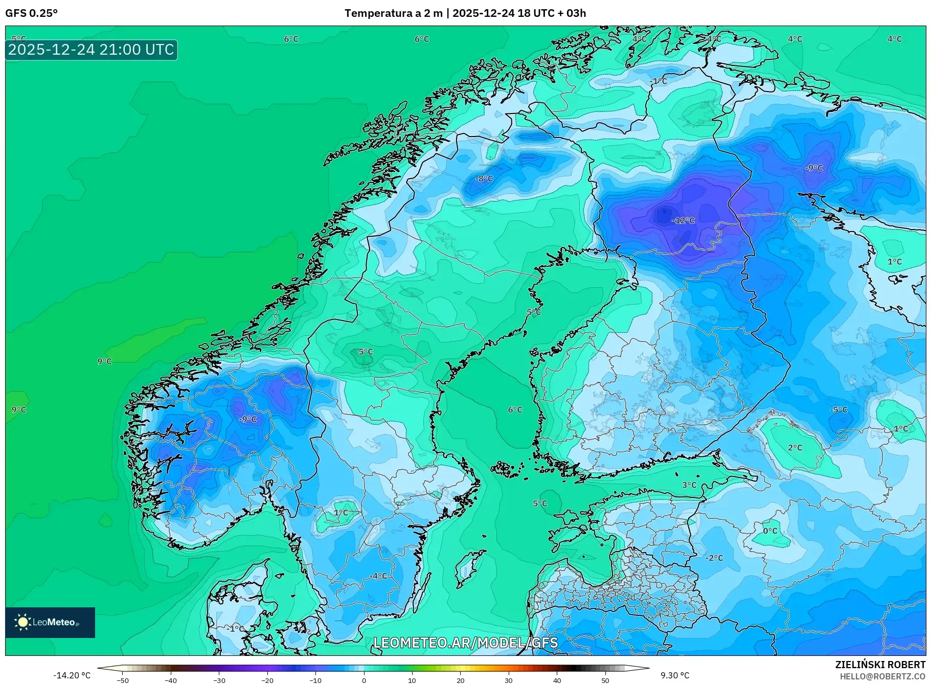 GFS model - Skandynawia, Temperatura na 2 m