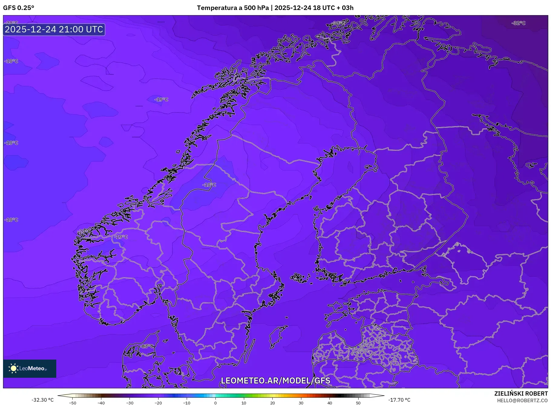GFS model - Skandynawia, Temperatura na 500 hPa