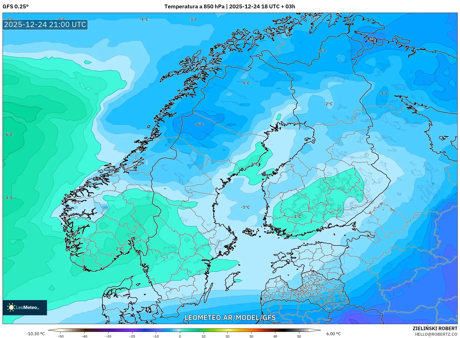 GFS model - Skandynawia, Temperatura na 850 hPa