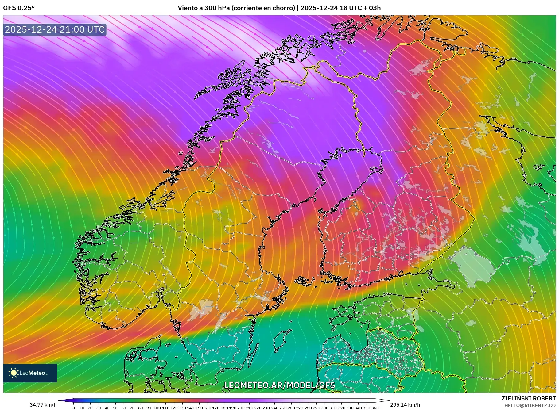 GFS model - Skandynawia, Wiatr na 300 hPa (prąd strumieniowy)