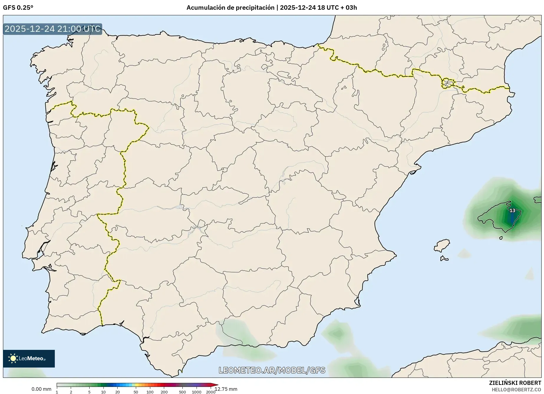 GFS model - Hiszpania, Suma opadów