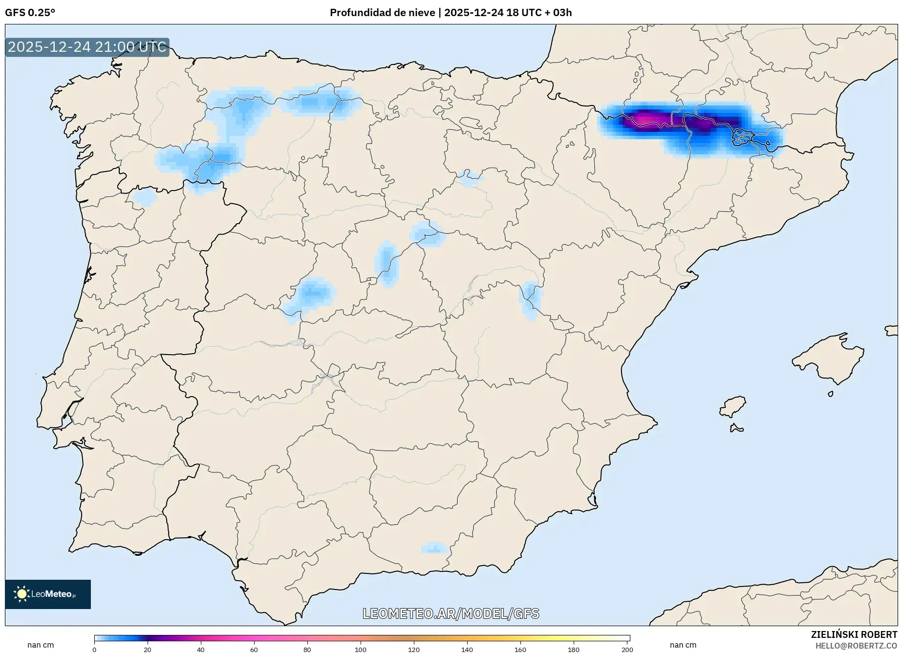 GFS model - Hiszpania, Pokrywa śnieżna