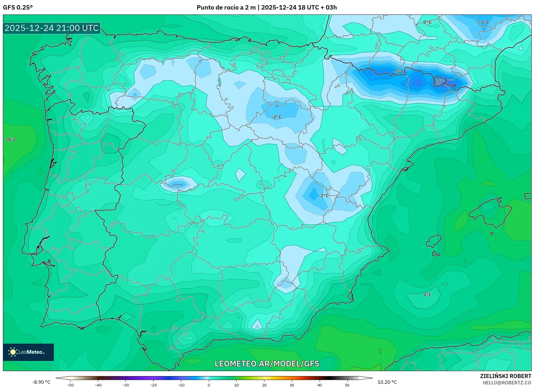GFS model - Hiszpania, Punkt rosy na 2 m