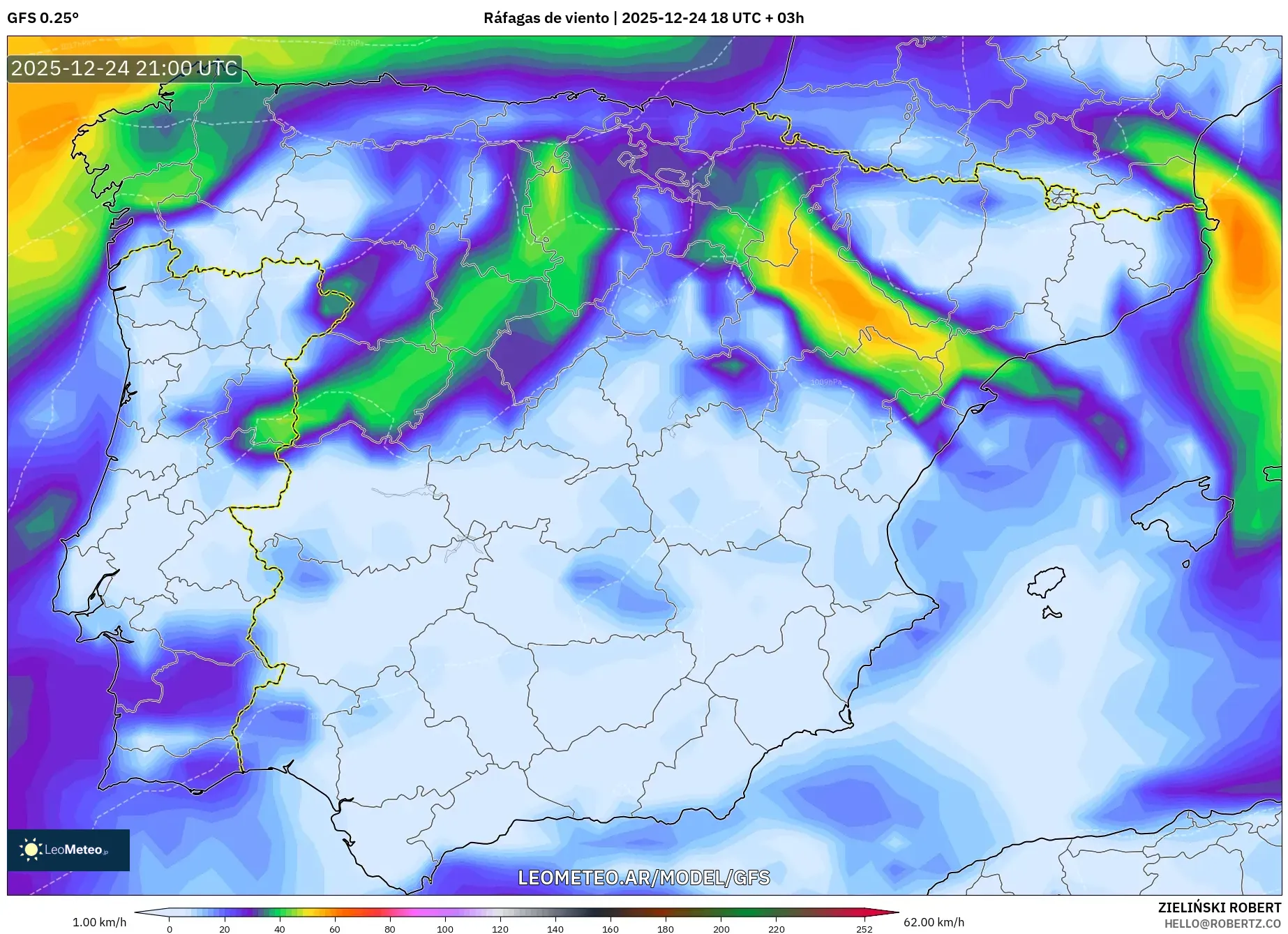 GFS model - Hiszpania, Porywy wiatru