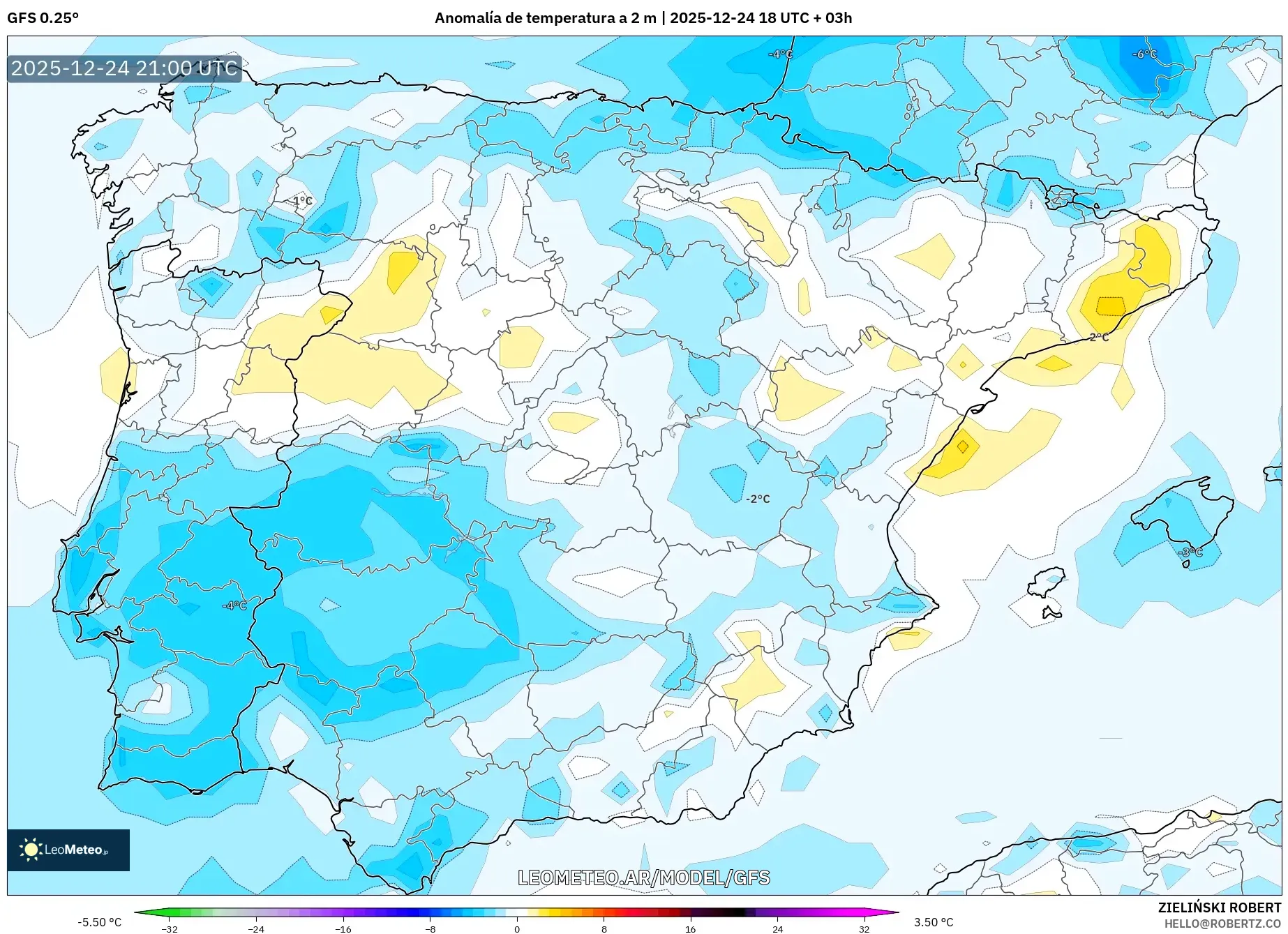 GFS model - Hiszpania, Anomalia temperatury na 2 m