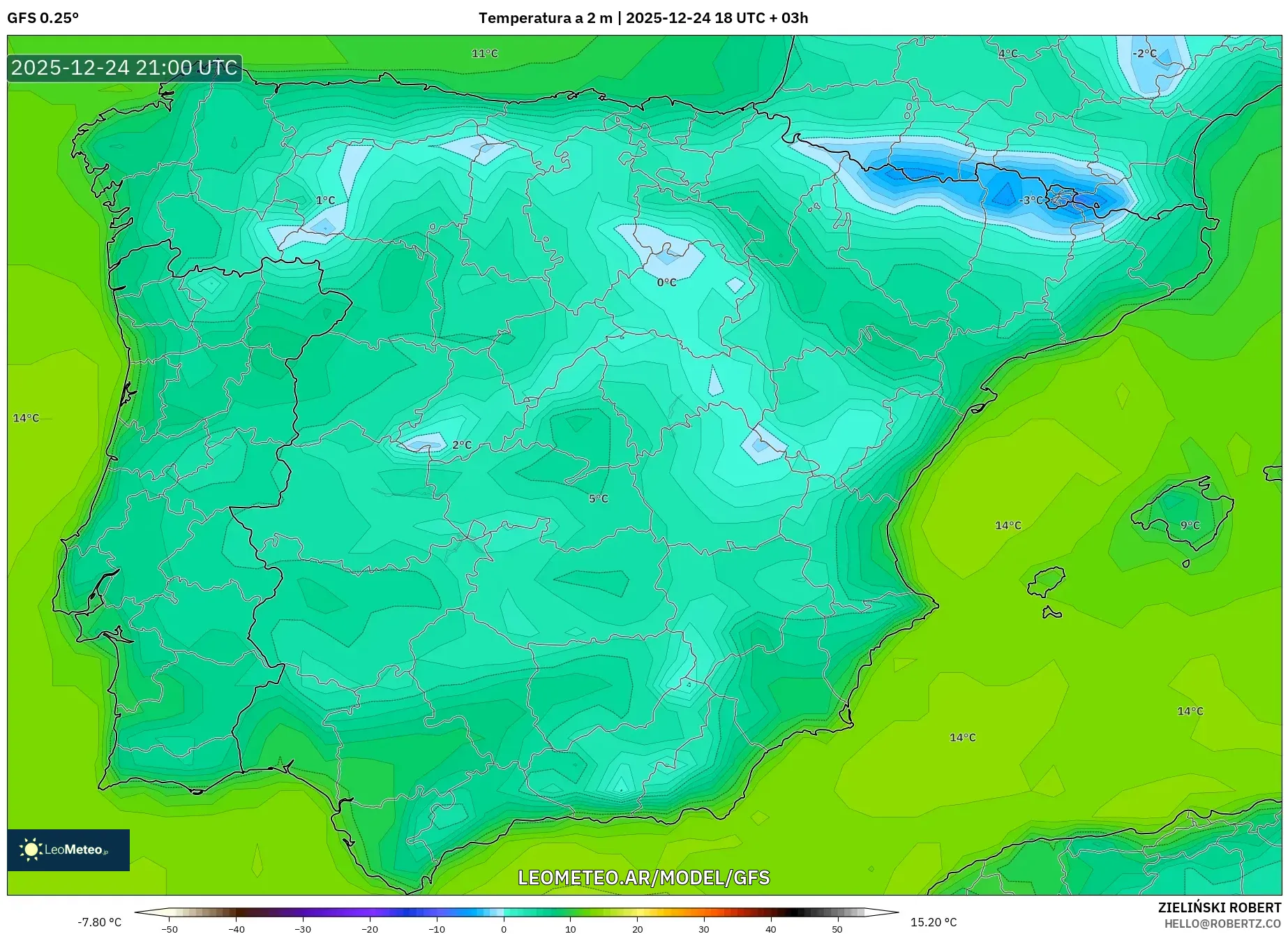 GFS model - Hiszpania, Temperatura na 2 m