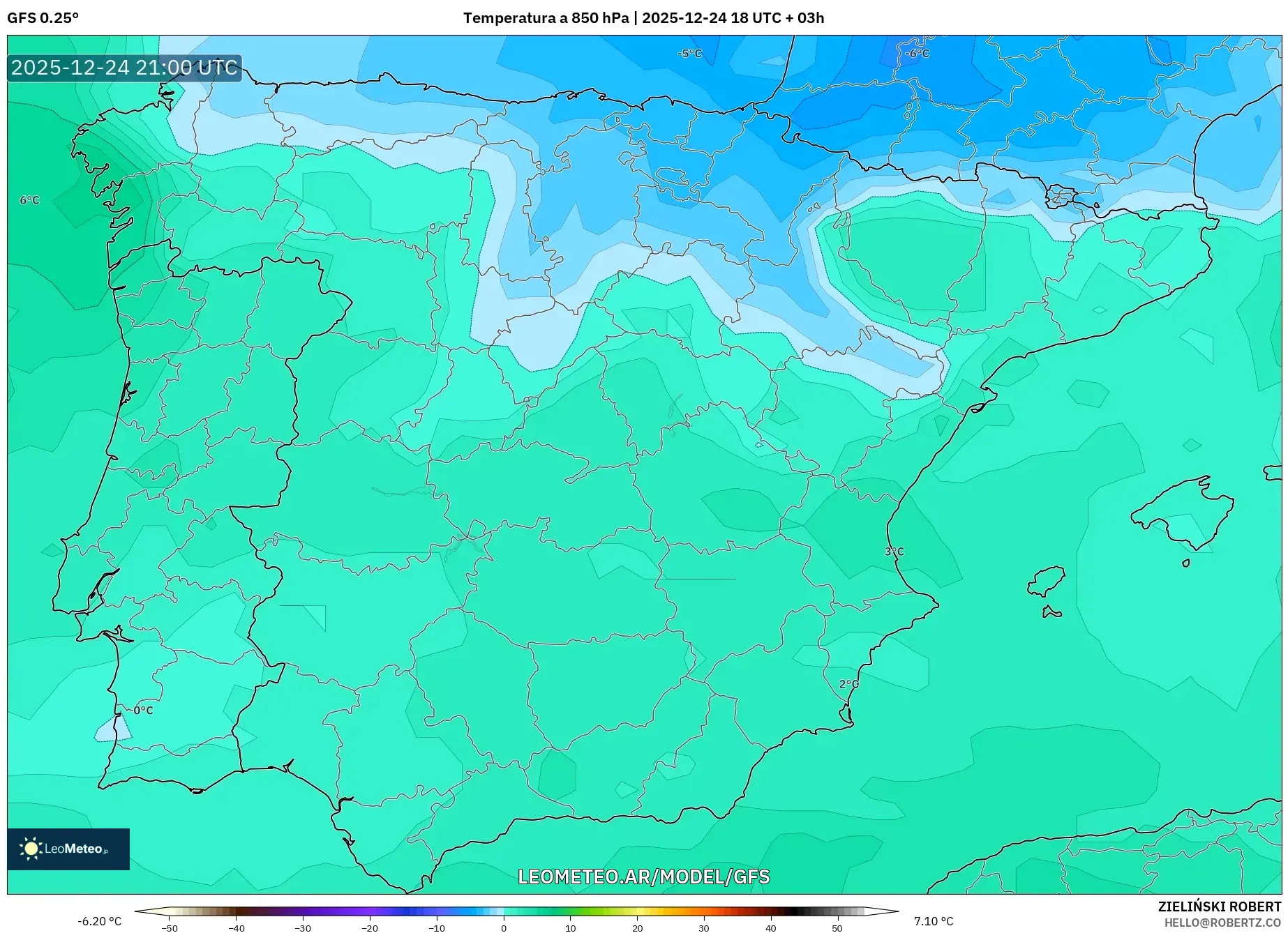 GFS model - Hiszpania, Temperatura na 850 hPa