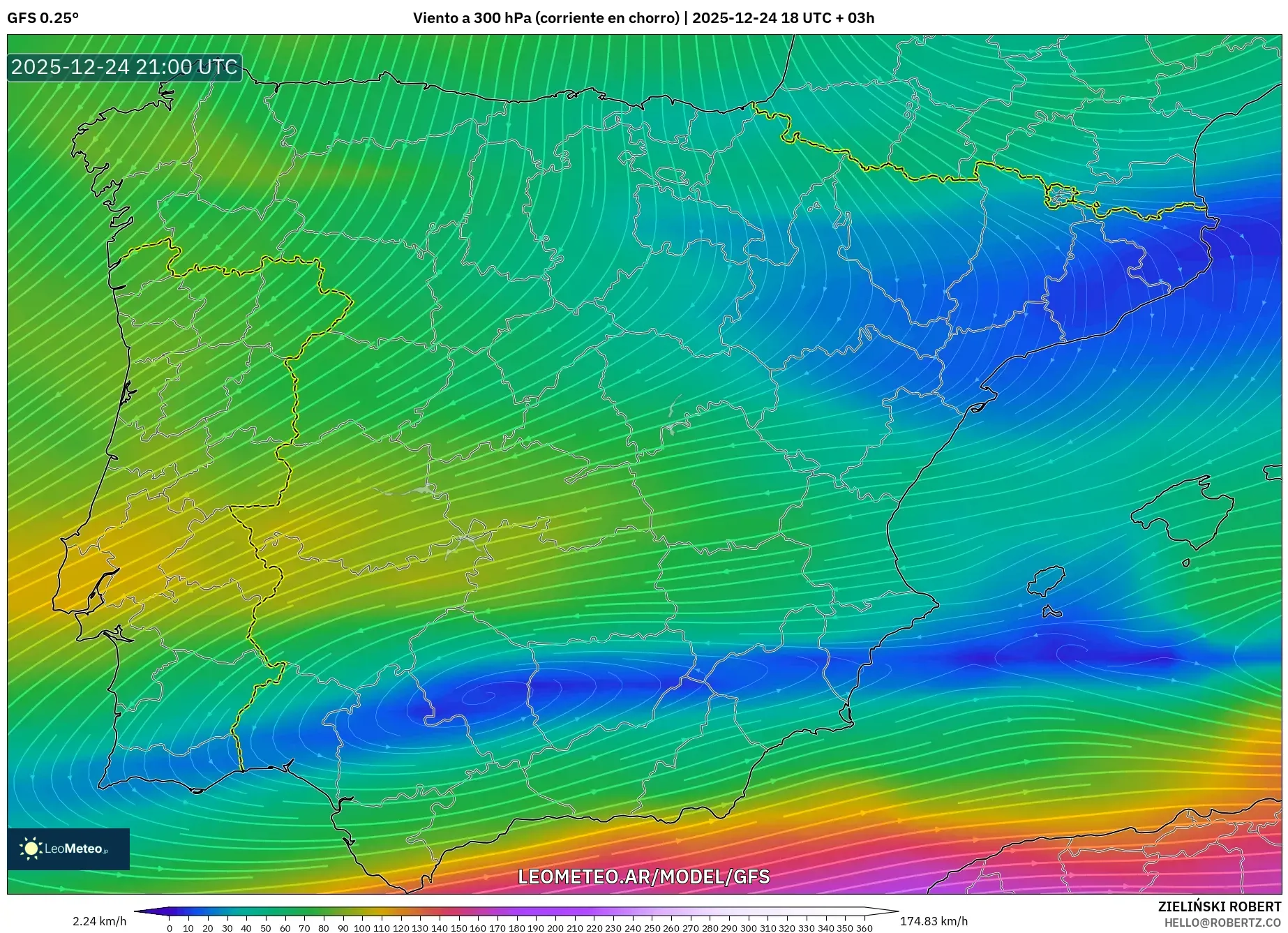 GFS model - Hiszpania, Wiatr na 300 hPa (prąd strumieniowy)