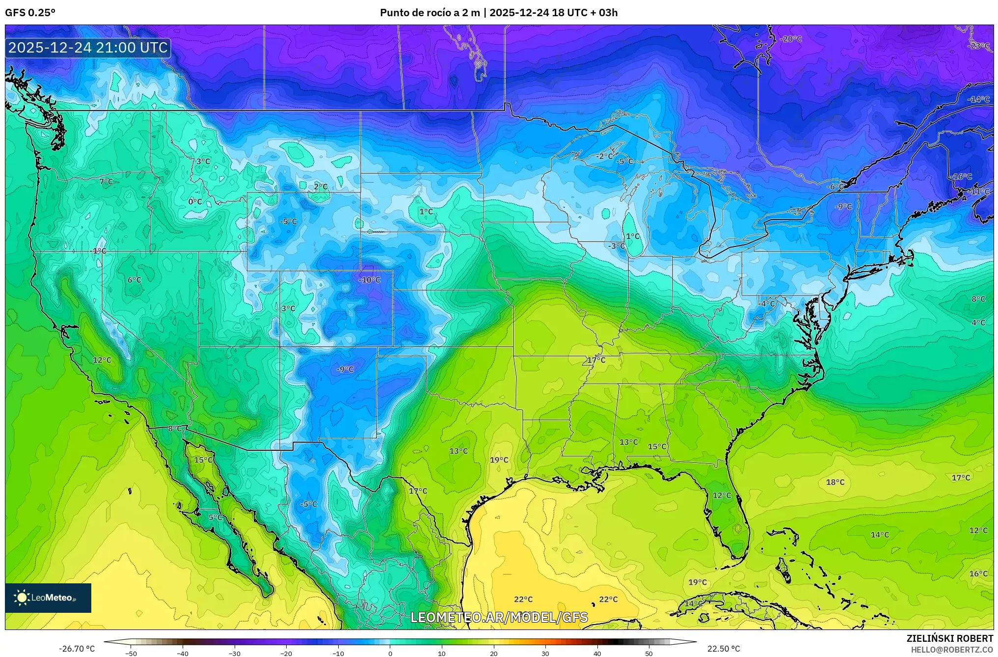 GFS model - Stany Zjednoczone, Punkt rosy na 2 m
