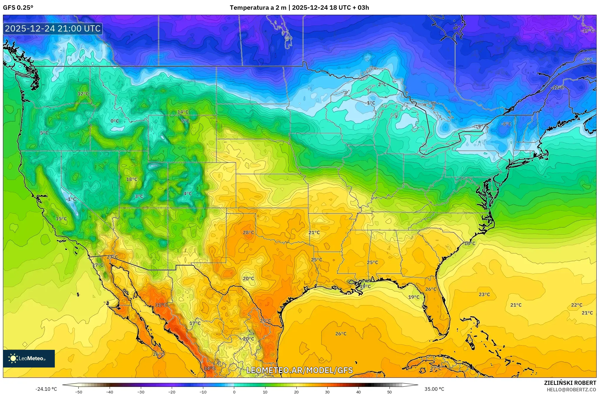 GFS model - Stany Zjednoczone, Temperatura na 2 m
