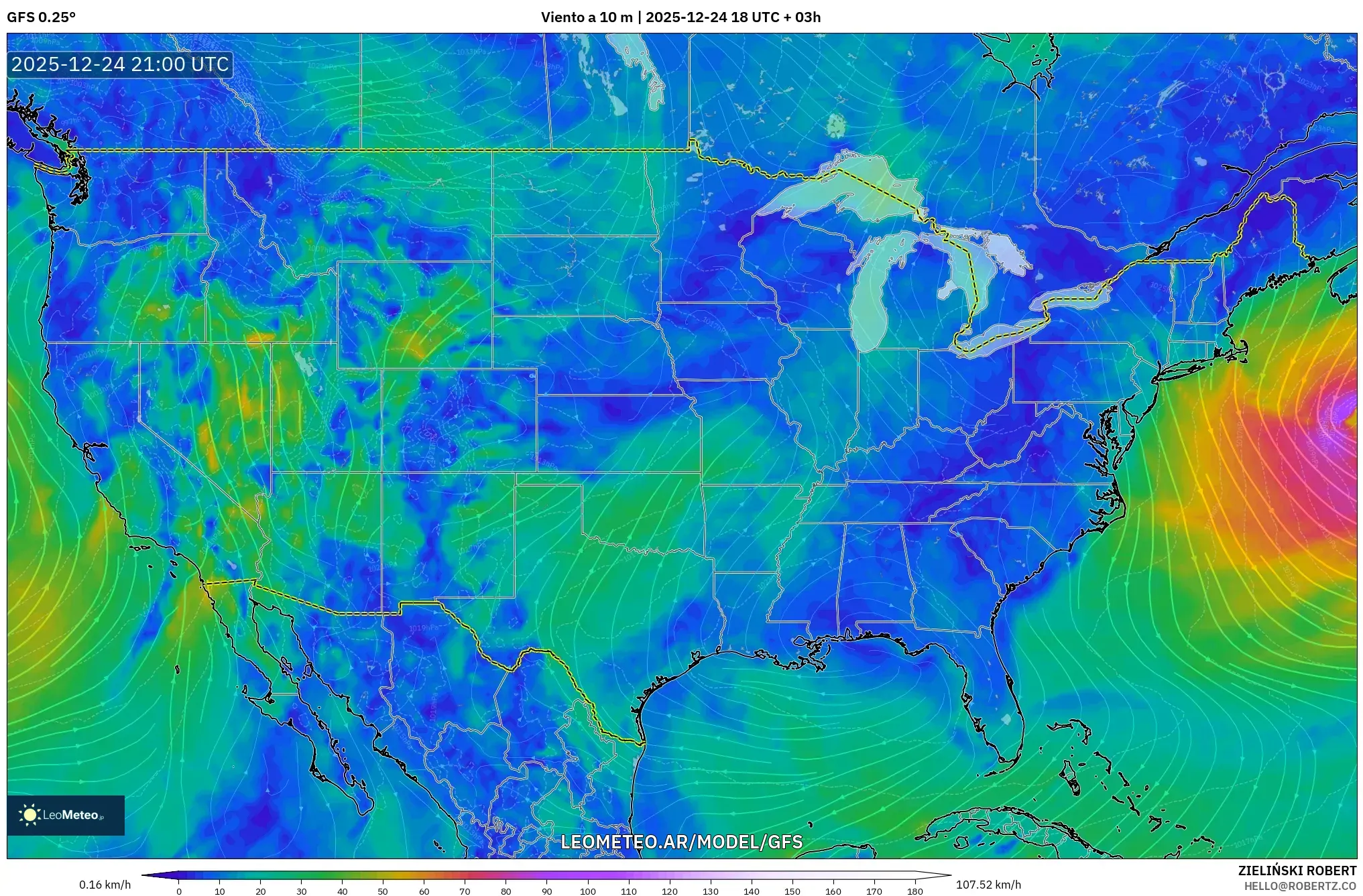 GFS model - Stany Zjednoczone, Wiatr na 10 m