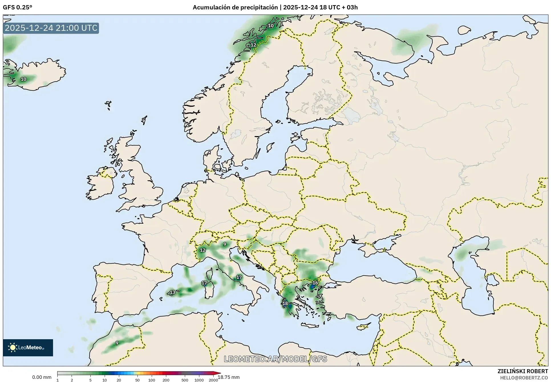 GFS model - Europa, Suma opadów