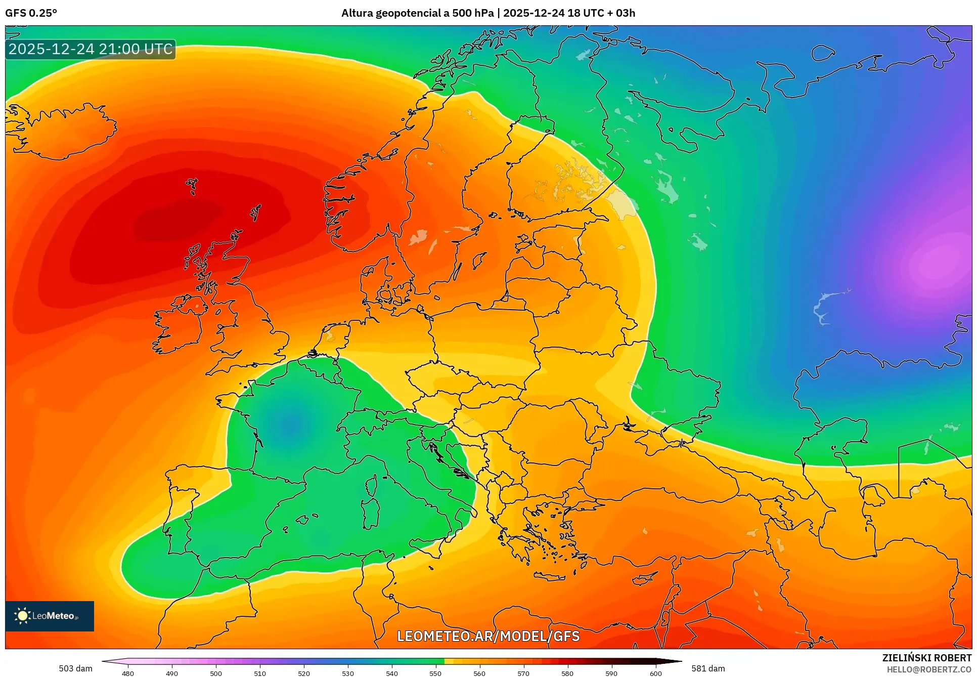 GFS model - Europa, Wysokość geopotencjalna na poziomie 500 hPa