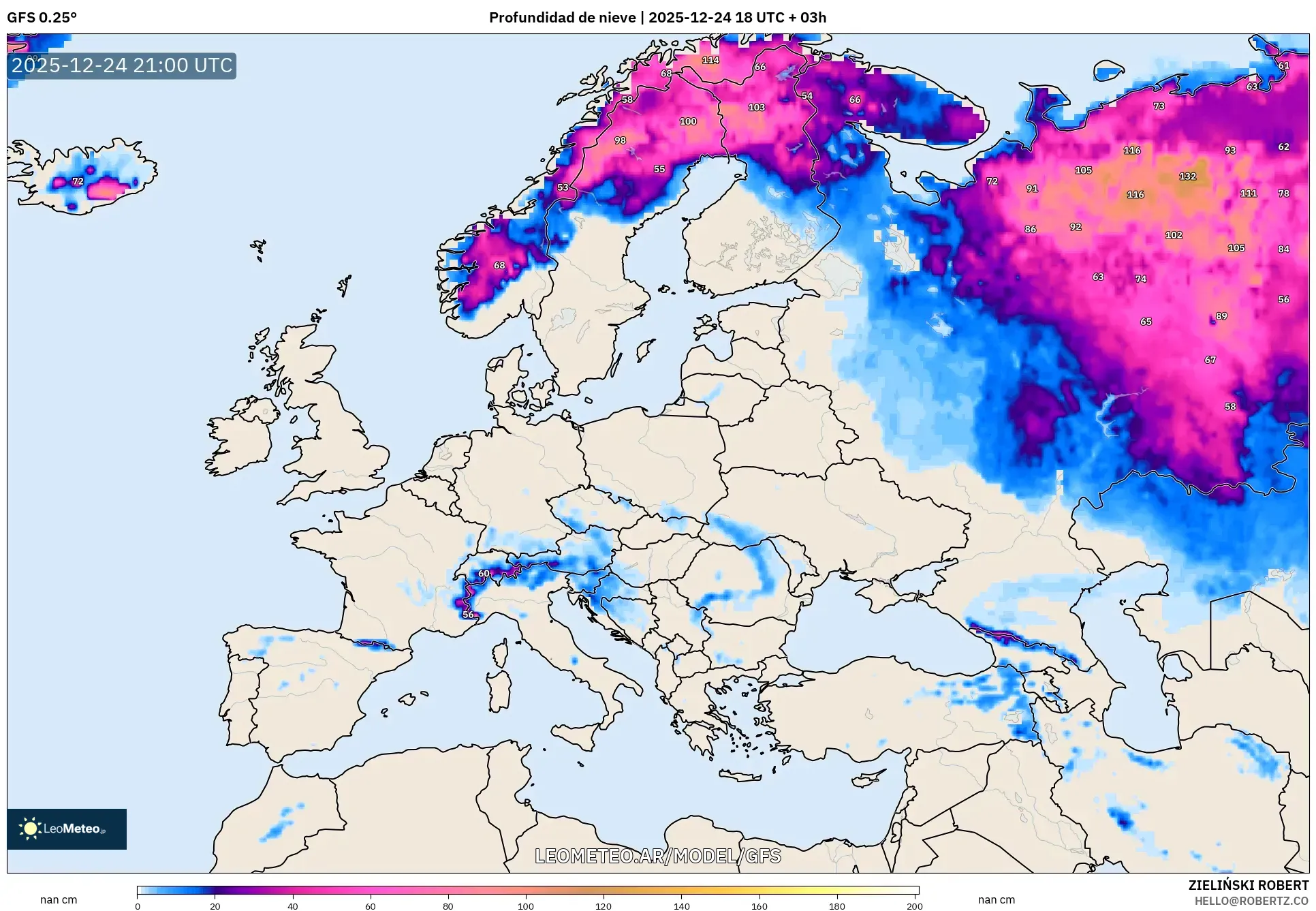 GFS model - Europa, Pokrywa śnieżna
