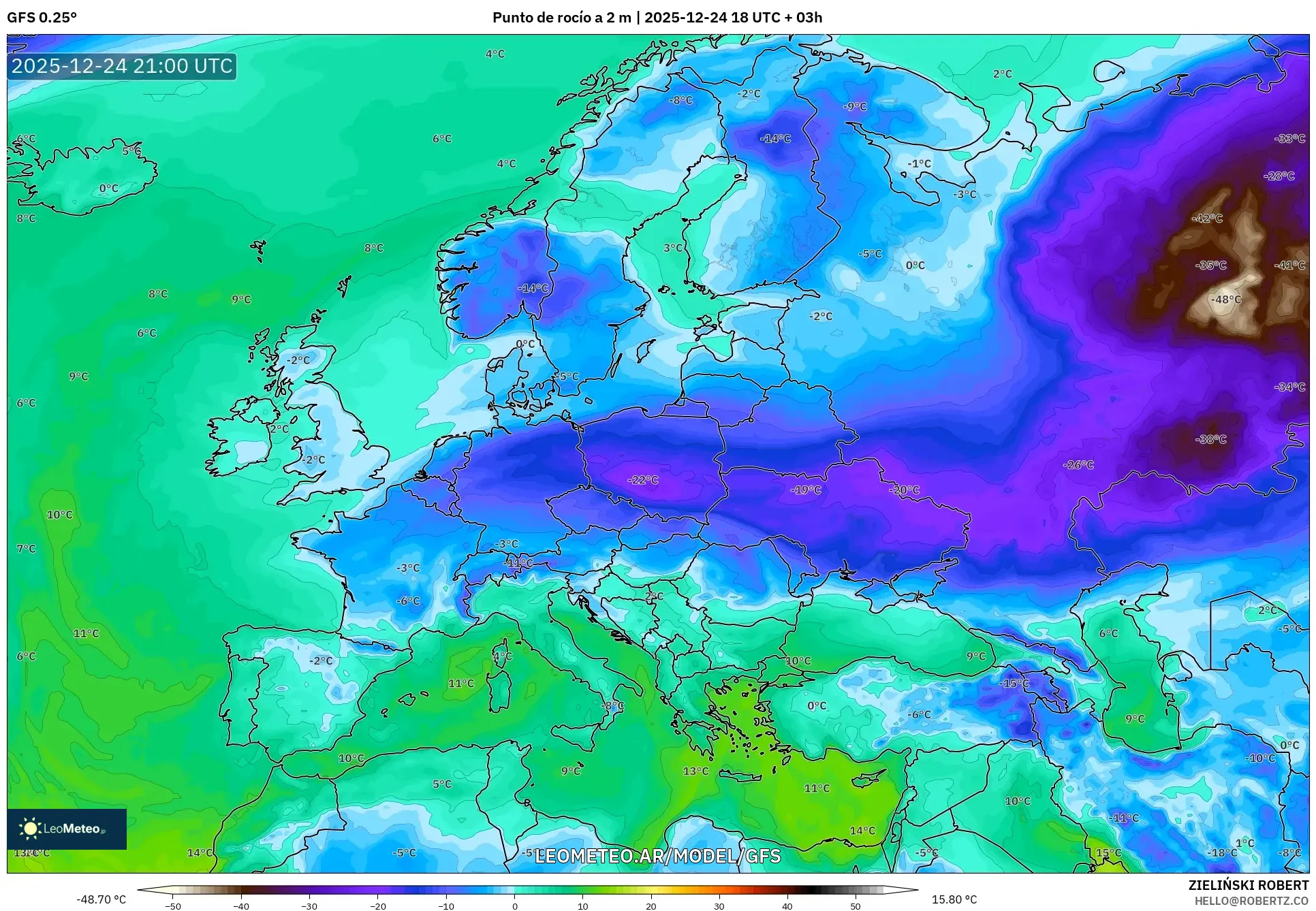GFS model - Europa, Punkt rosy na 2 m