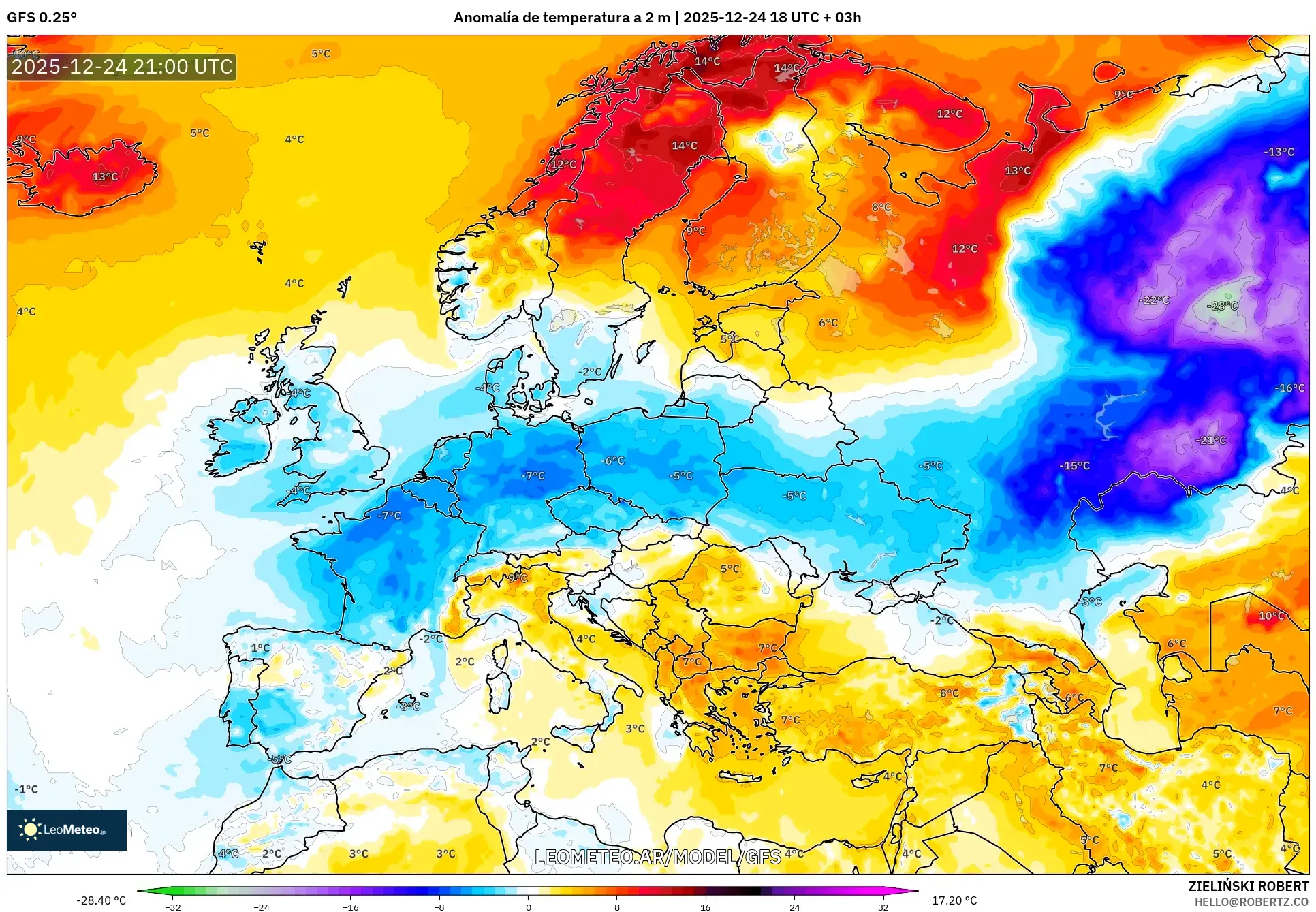 GFS model - Europa, Anomalia temperatury na 2 m