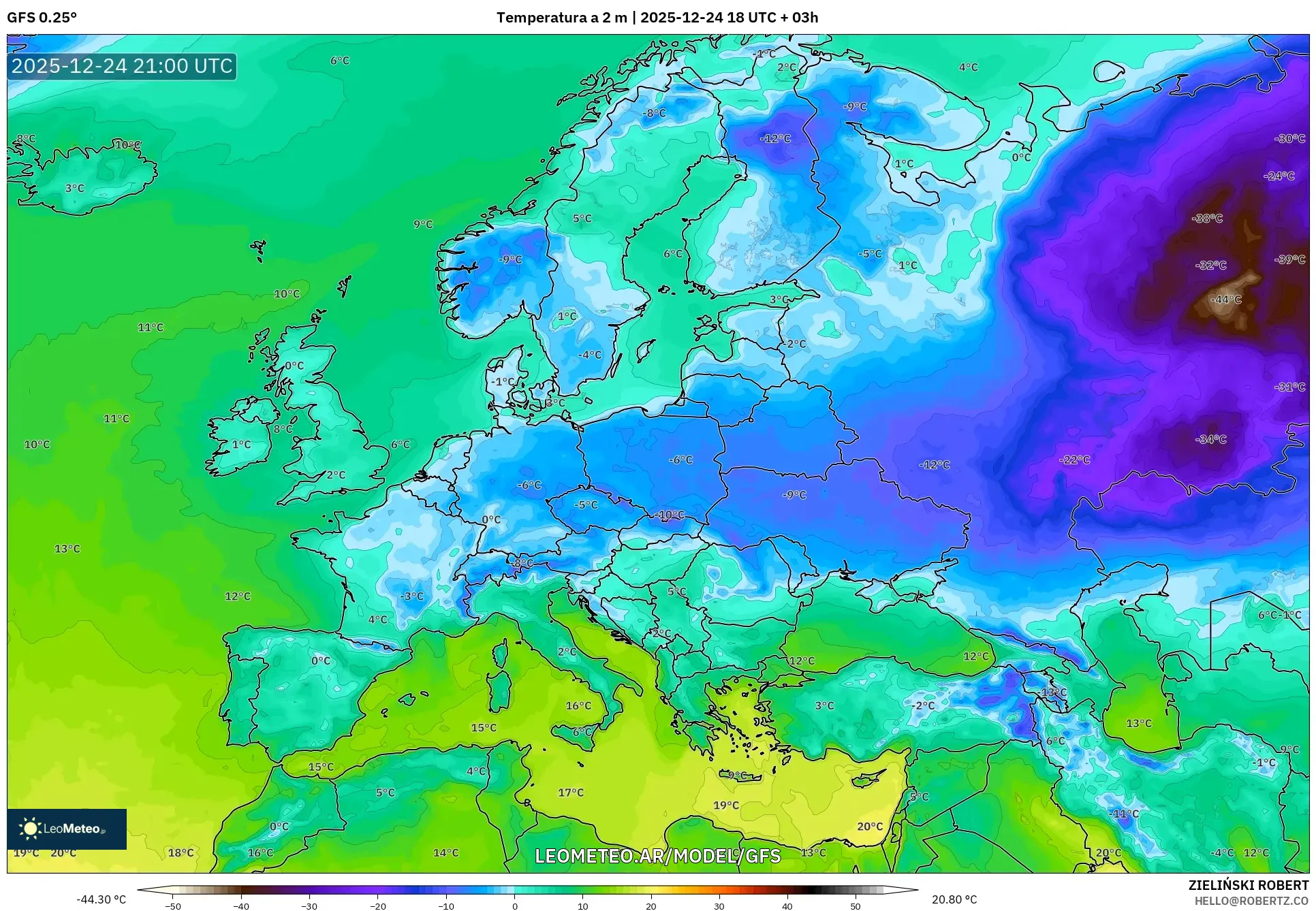 GFS model - Europa, Temperatura na 2 m