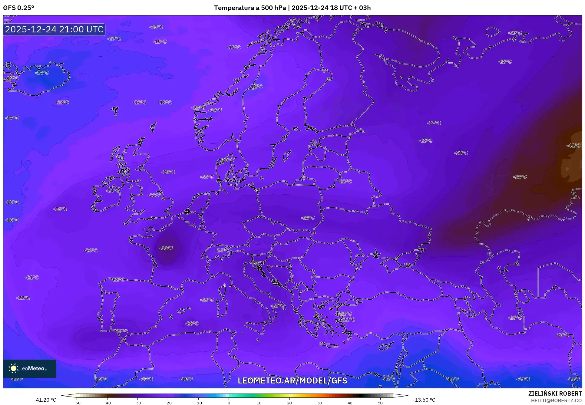 GFS model - Europa, Temperatura na 500 hPa