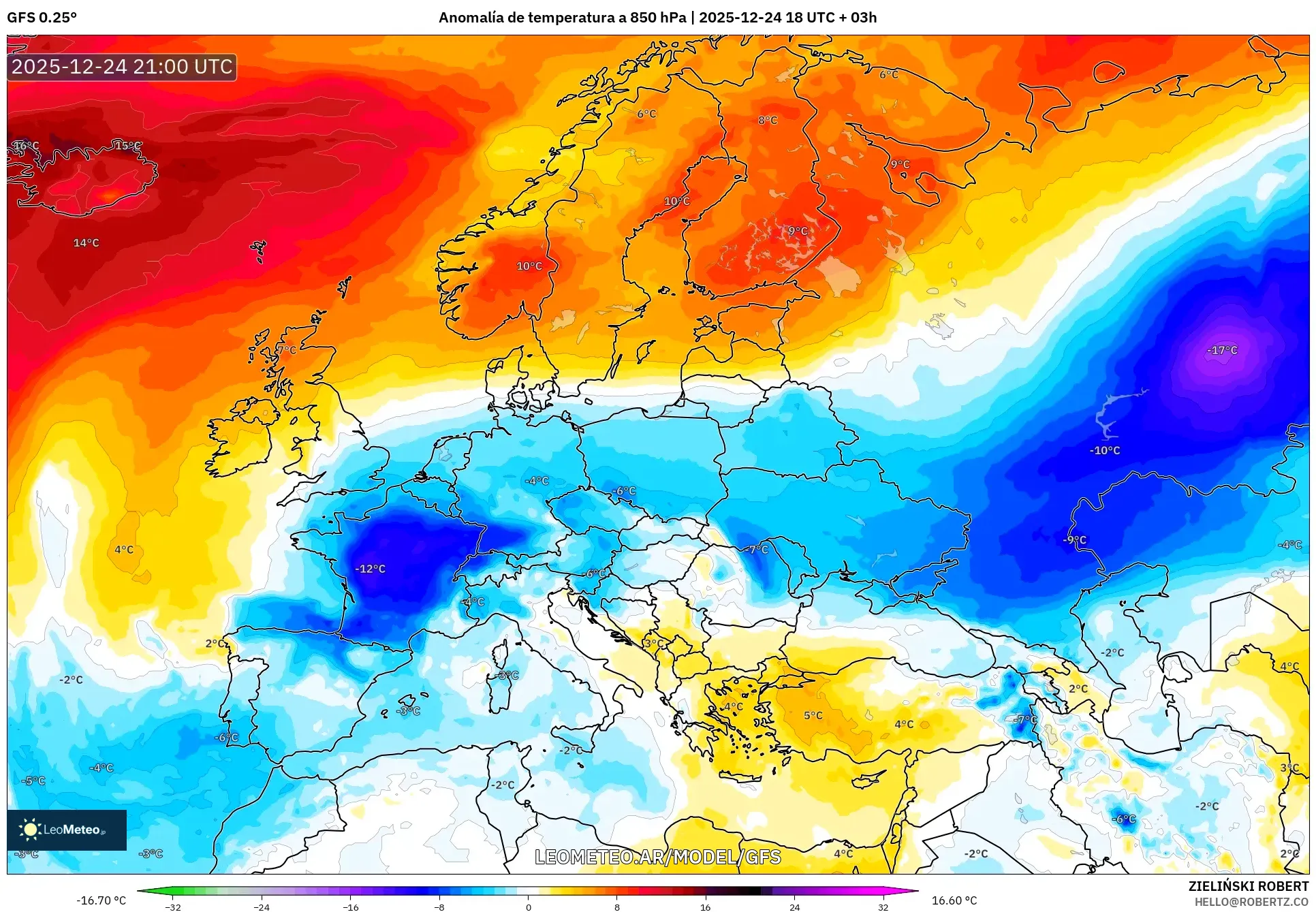 GFS model - Europa, Anomalia temperatury na 850 hPa