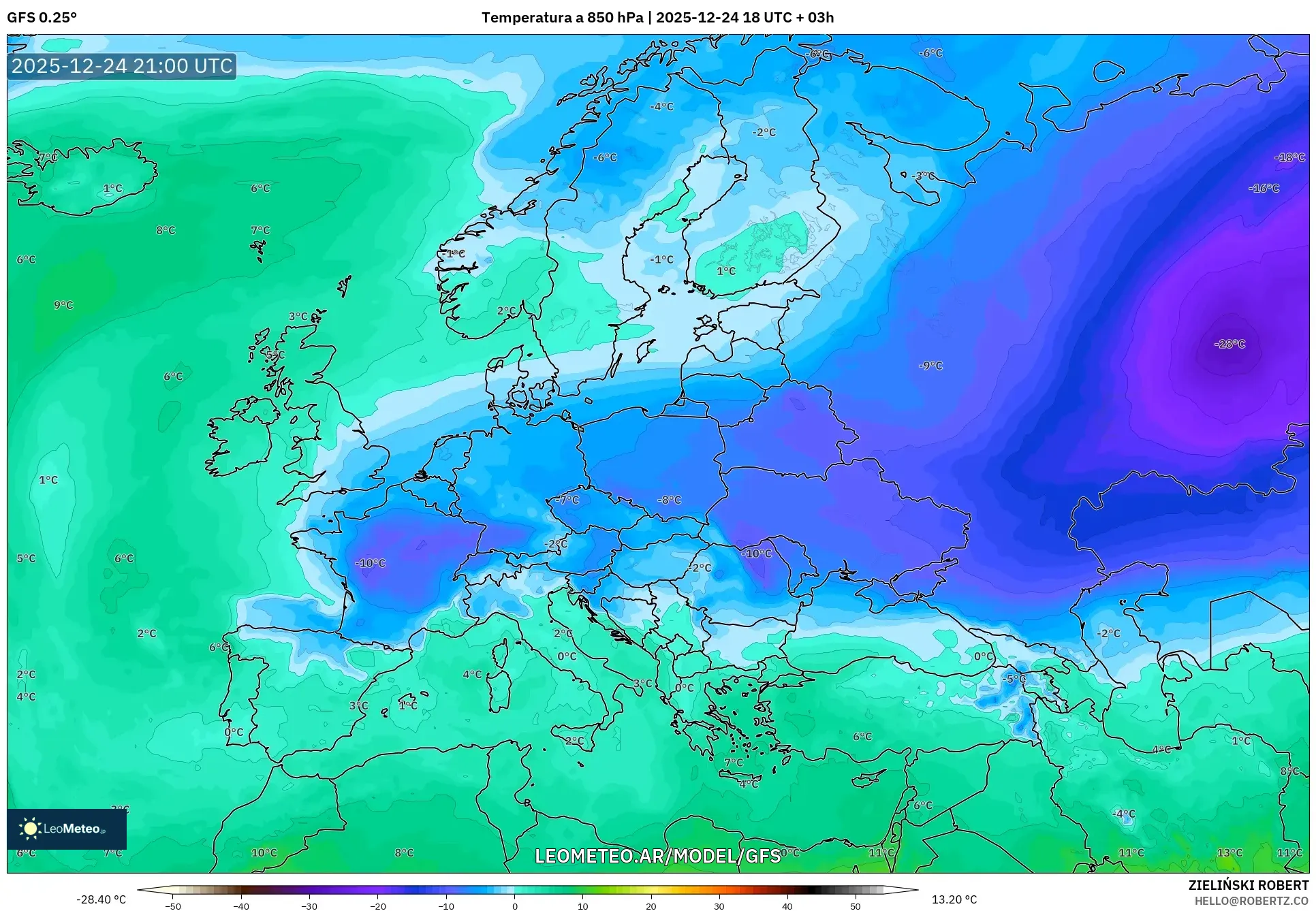 GFS model - Europa, Temperatura na 850 hPa