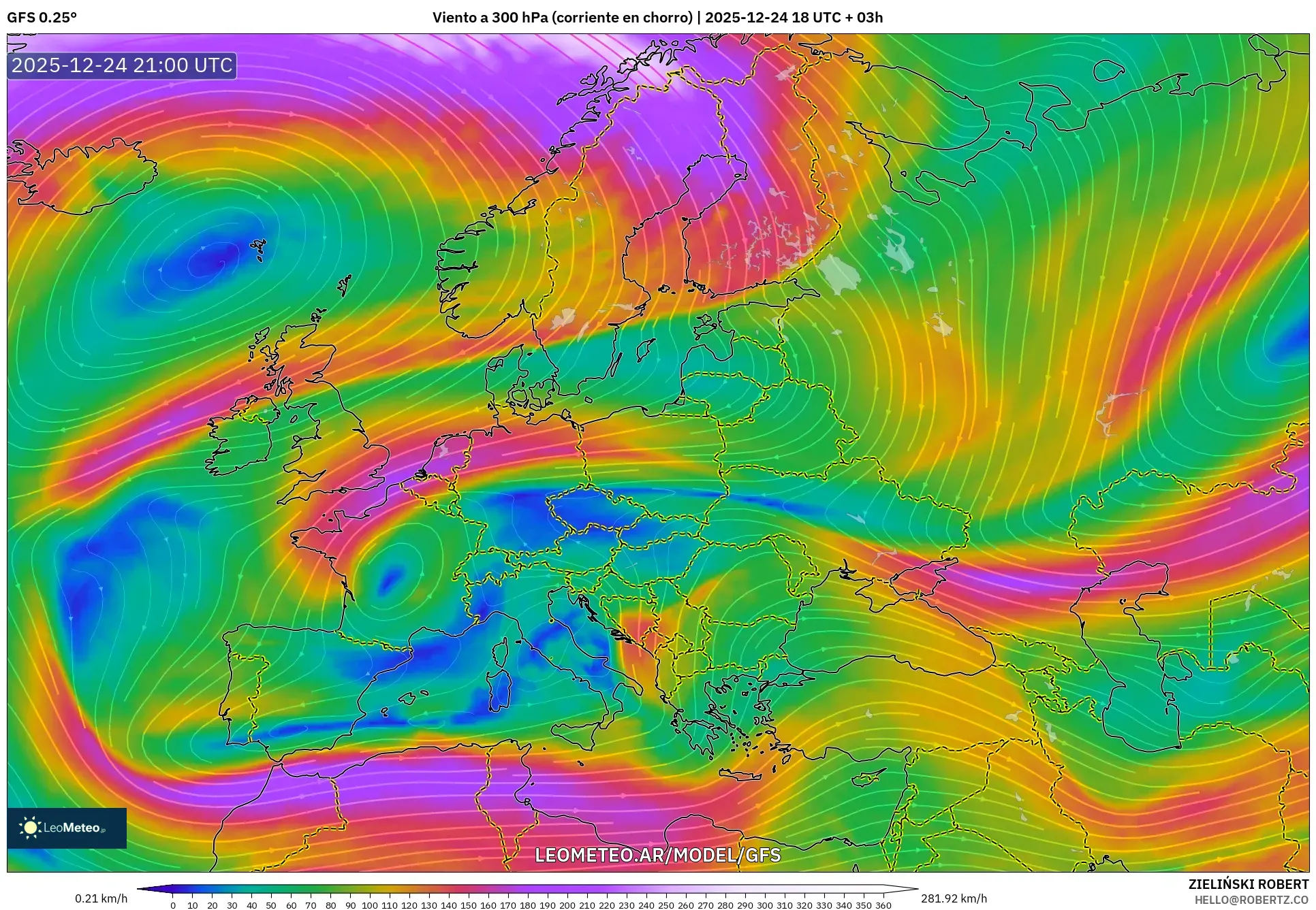 GFS model - Europa, Wiatr na 300 hPa (prąd strumieniowy)
