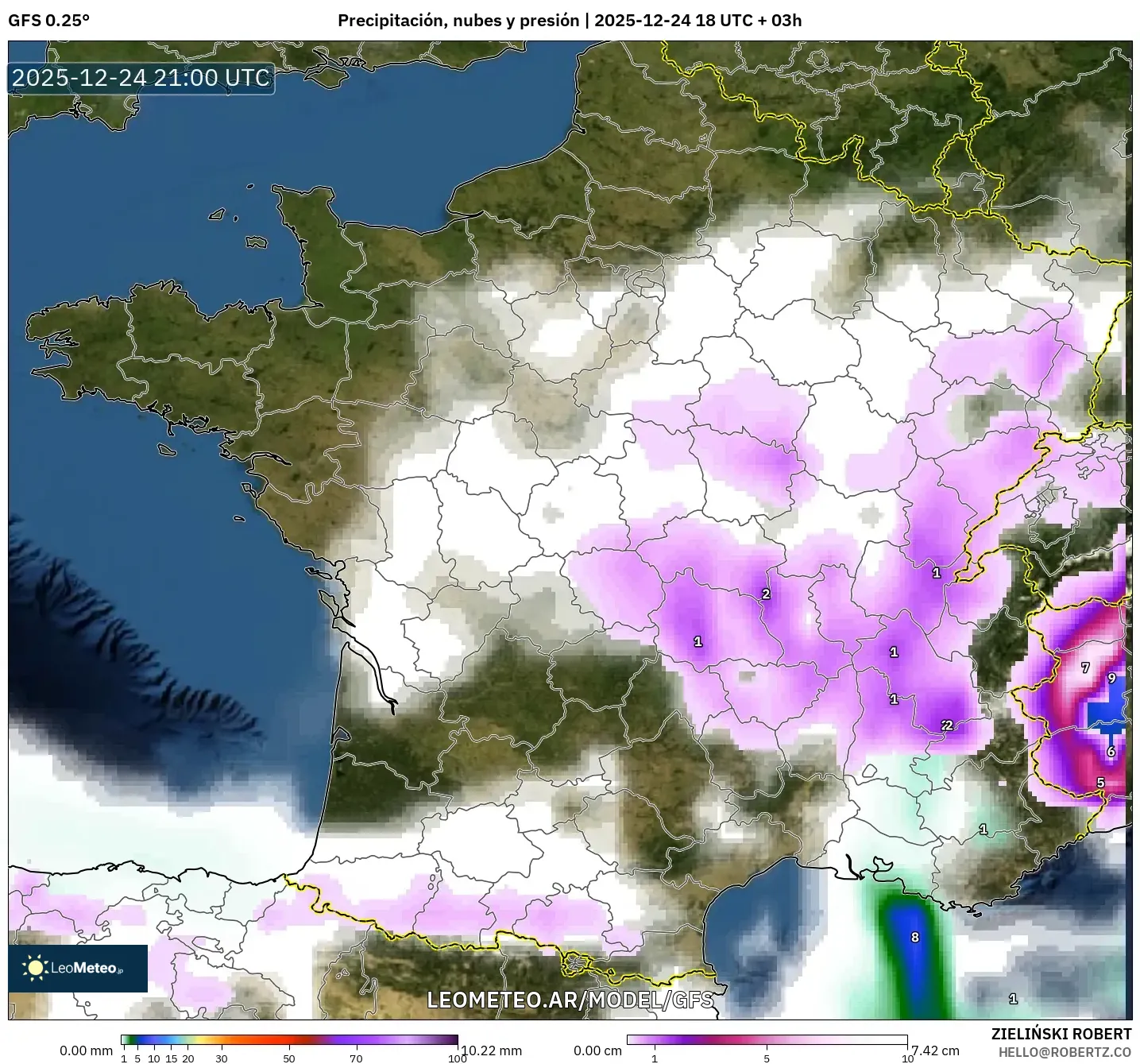 GFS model - Francja, Opady, chmury i ciśnienie