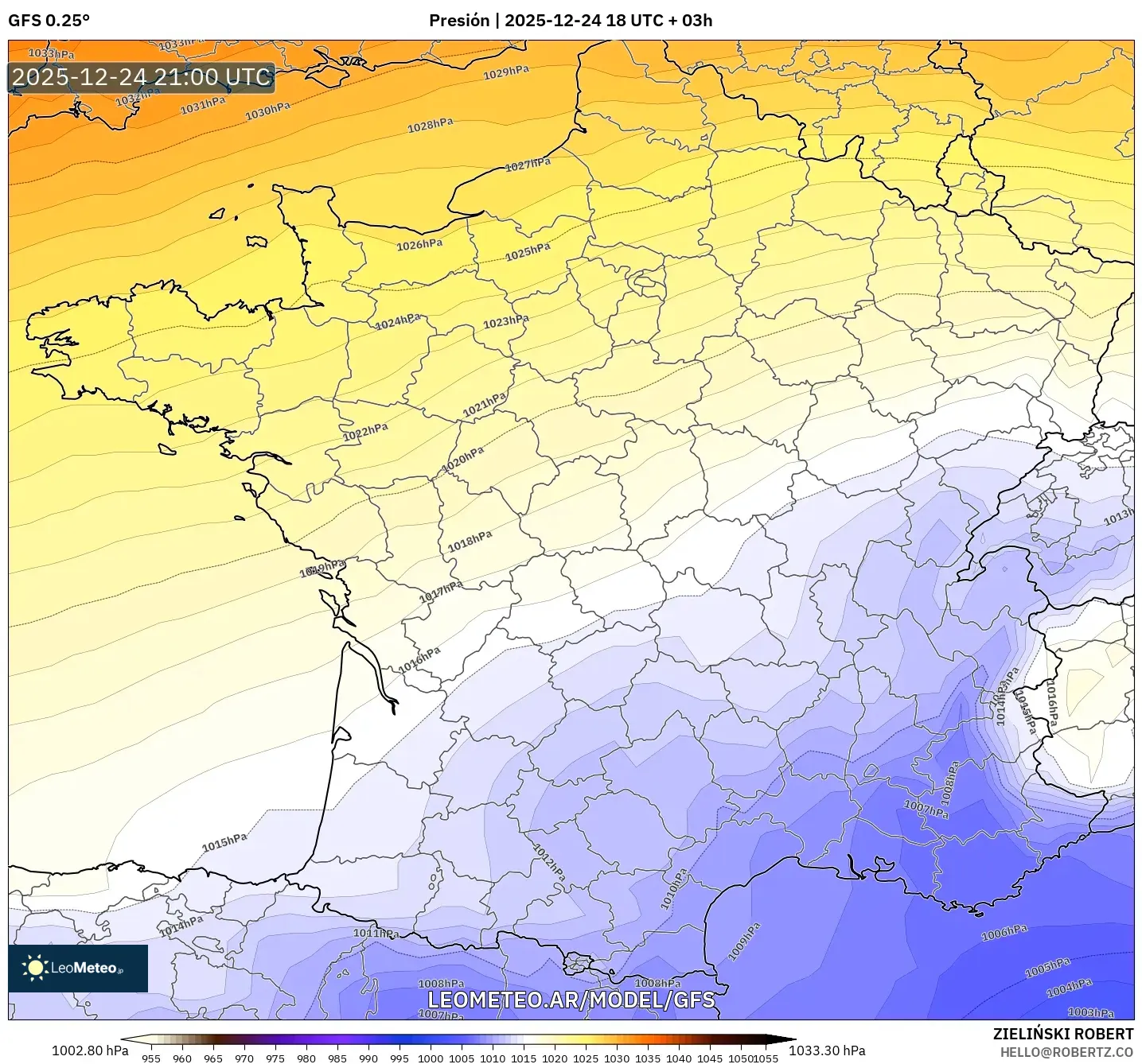 GFS model - Francja, Ciśnienie
