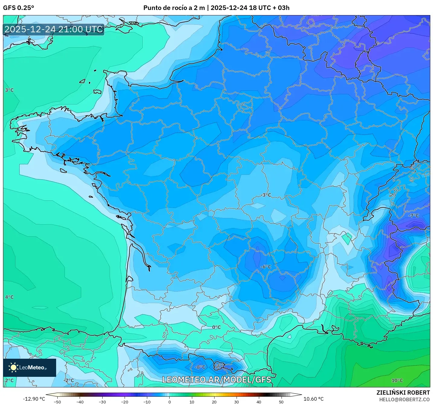 GFS model - Francja, Punkt rosy na 2 m