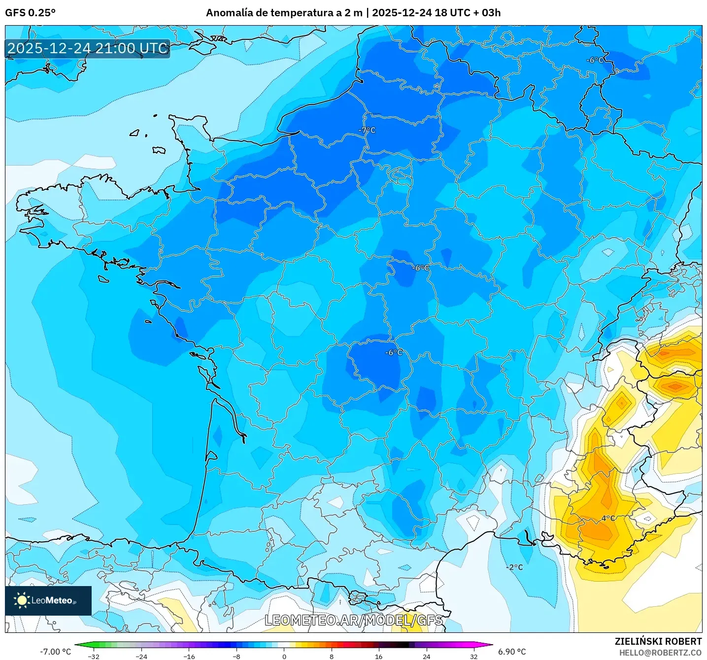 GFS model - Francja, Anomalia temperatury na 2 m