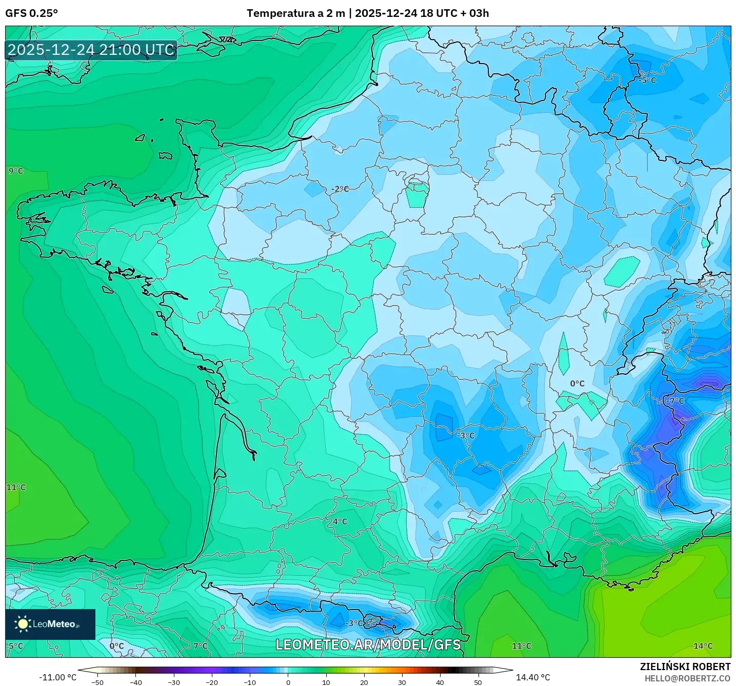 GFS model - Francja, Temperatura na 2 m