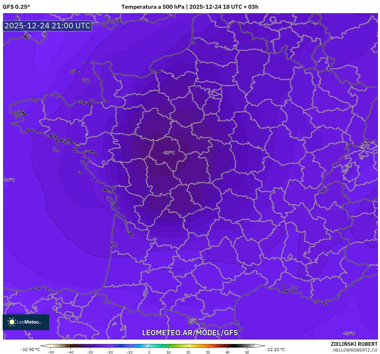 GFS model - Francja, Temperatura na 500 hPa