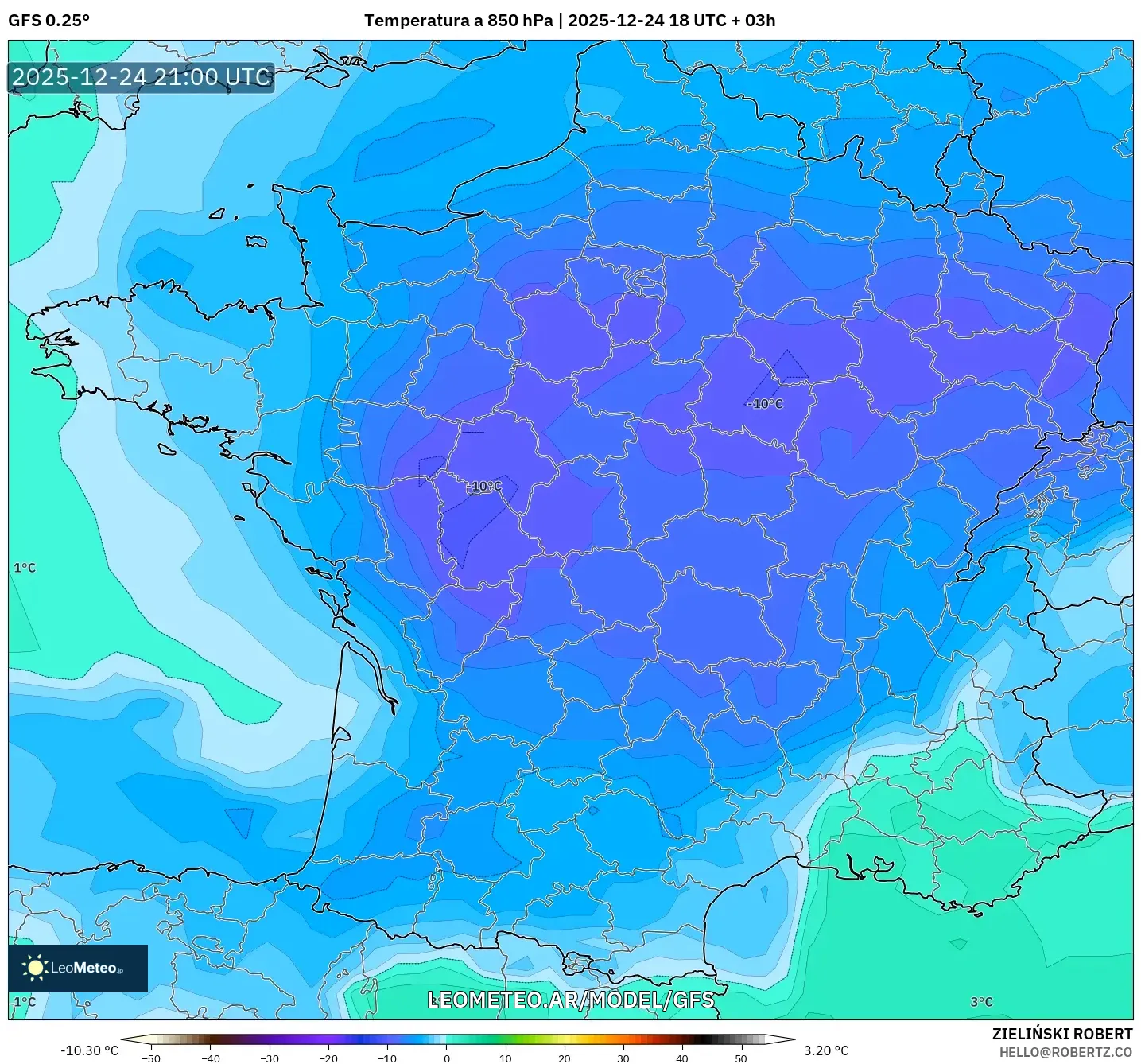 GFS model - Francja, Temperatura na 850 hPa