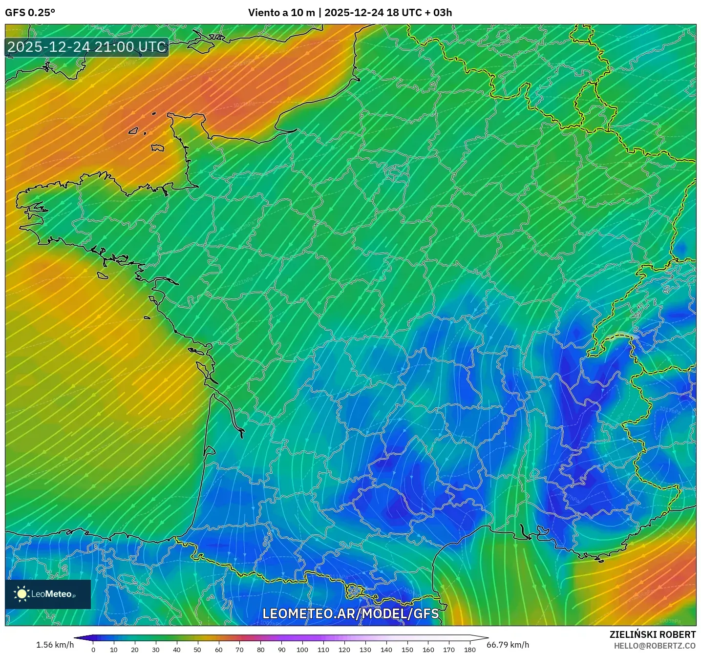 GFS model - Francja, Wiatr na 10 m
