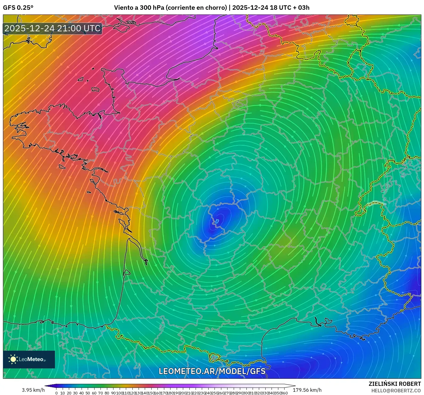 GFS model - Francja, Wiatr na 300 hPa (prąd strumieniowy)
