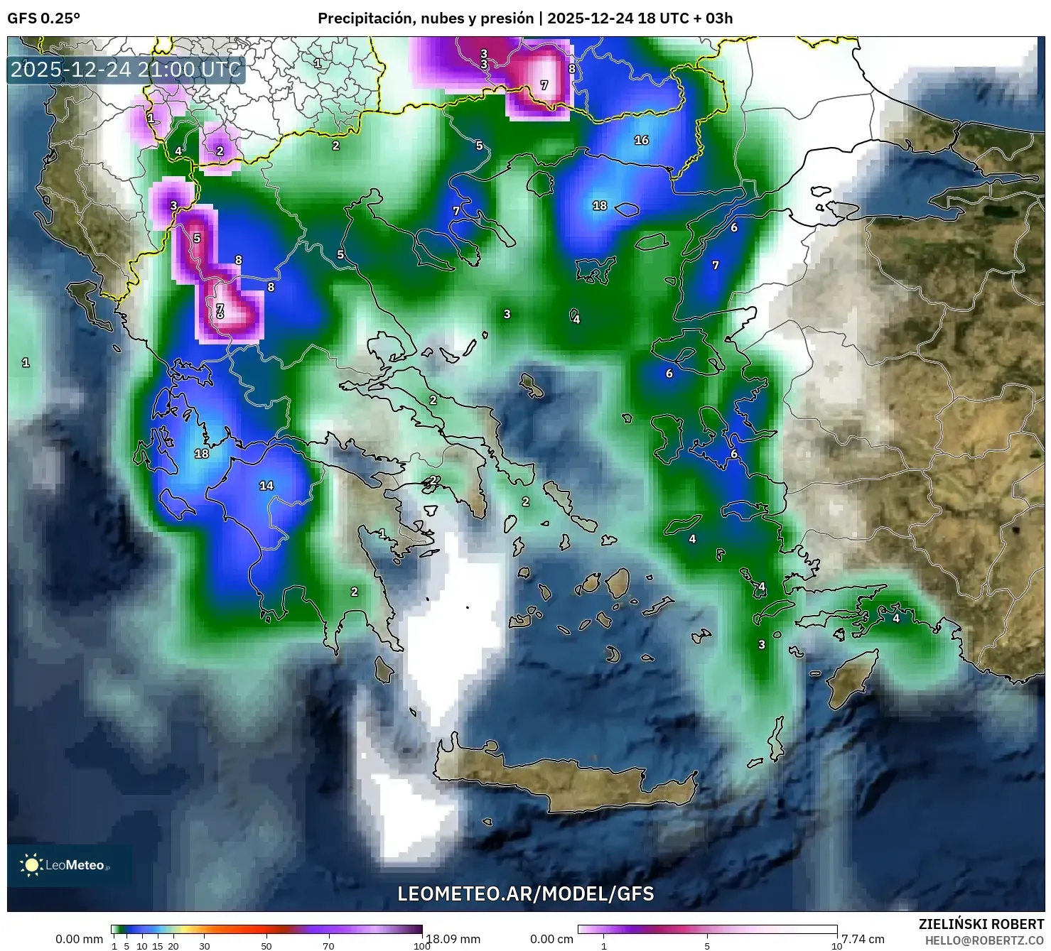 GFS model - Grecja, Opady, chmury i ciśnienie