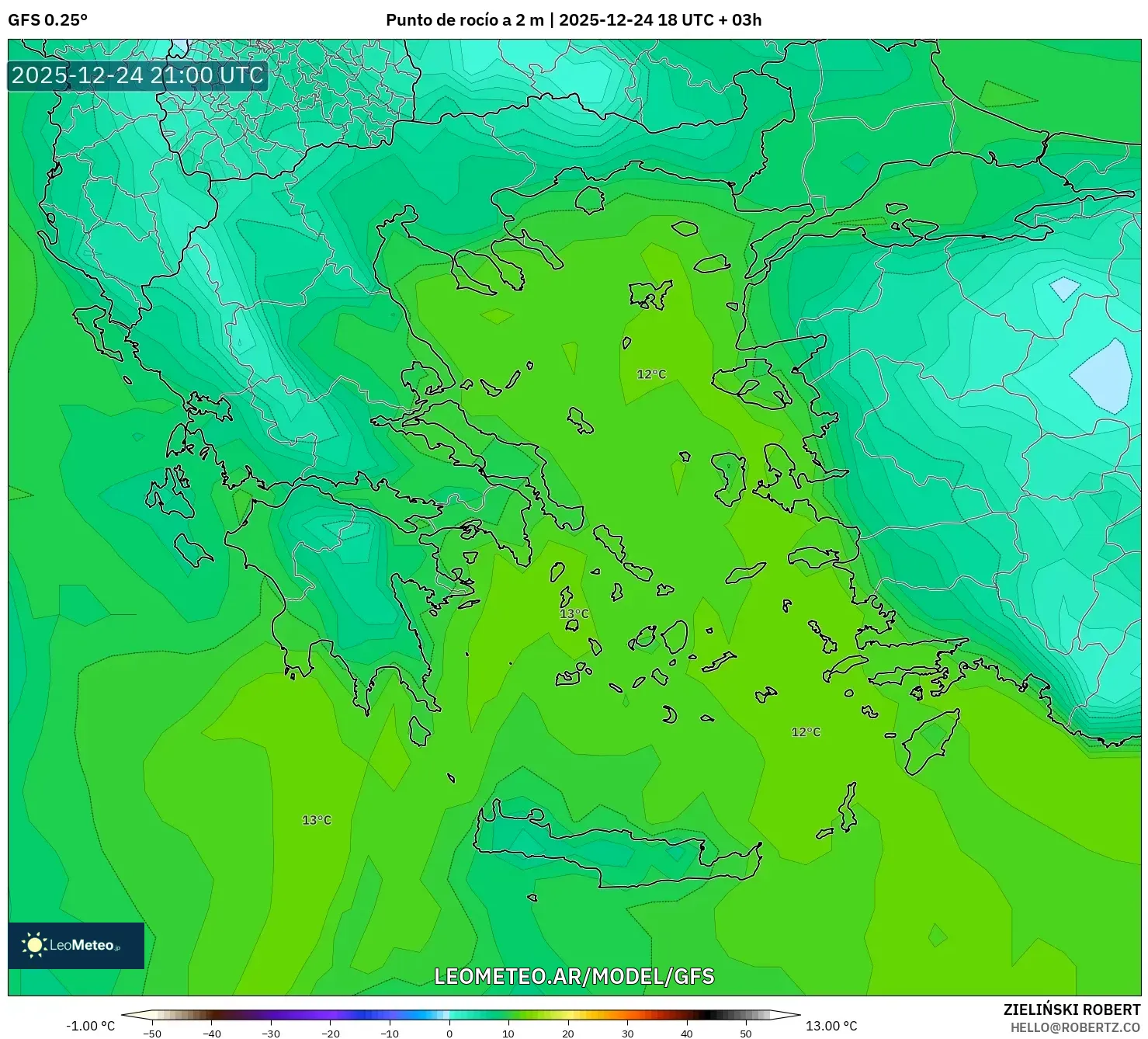 GFS model - Grecja, Punkt rosy na 2 m