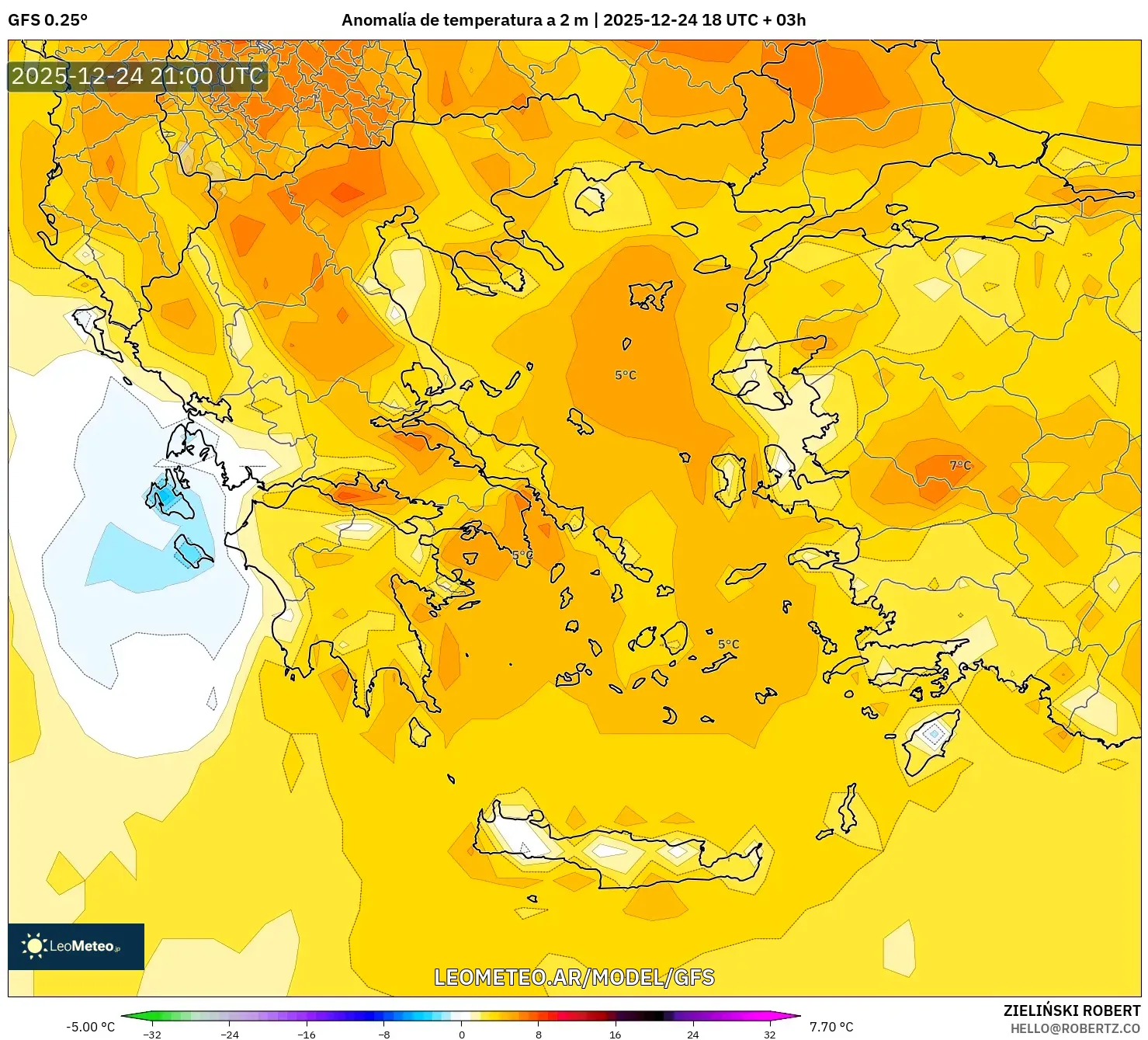 GFS model - Grecja, Anomalia temperatury na 2 m