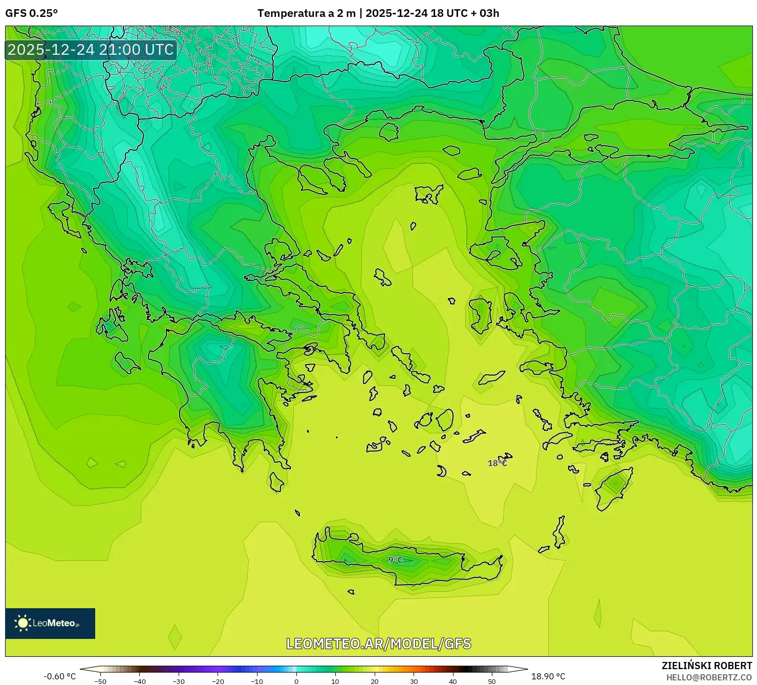 GFS model - Grecja, Temperatura na 2 m