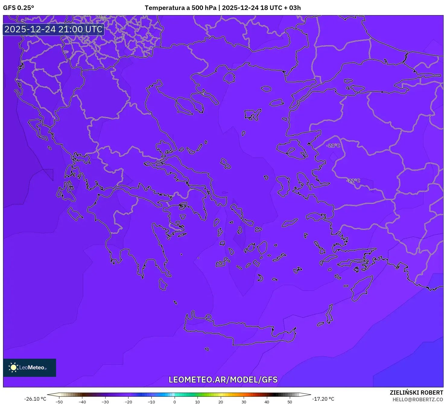 GFS model - Grecja, Temperatura na 500 hPa