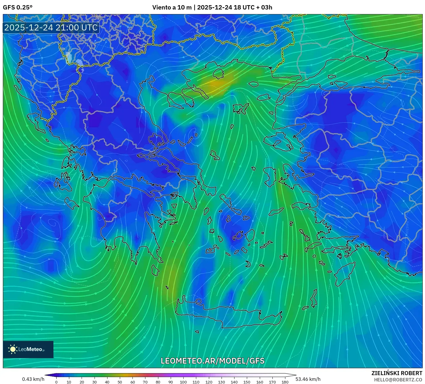 GFS model - Grecja, Wiatr na 10 m