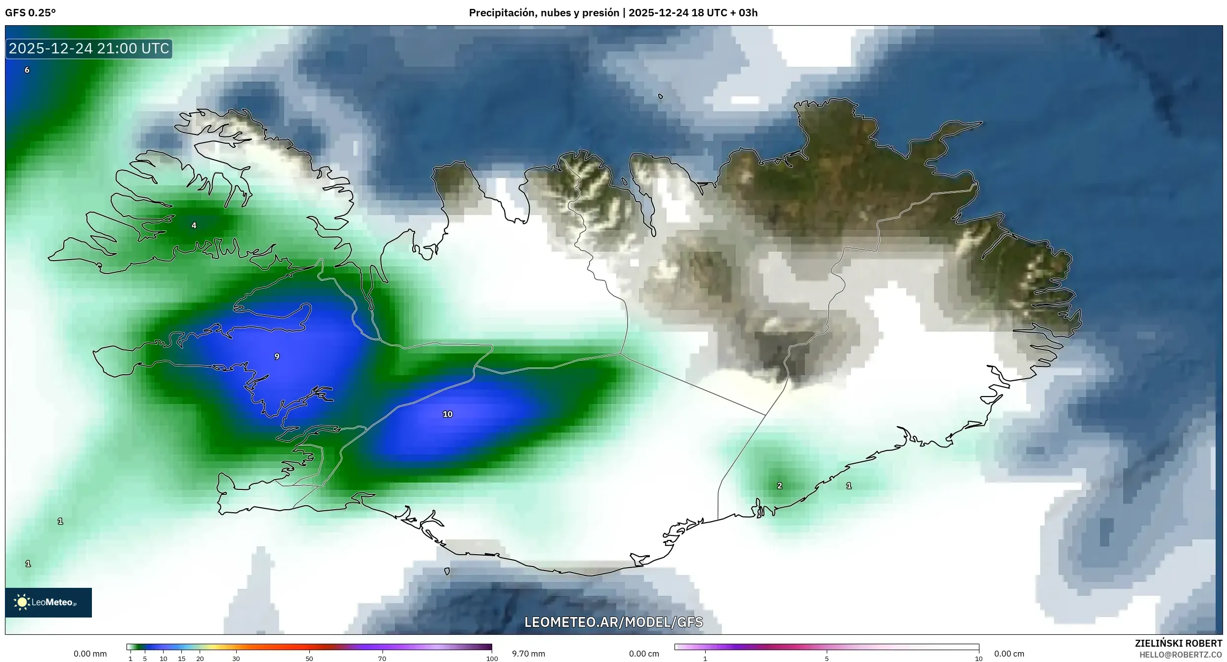 GFS model - Islandia, Opady, chmury i ciśnienie