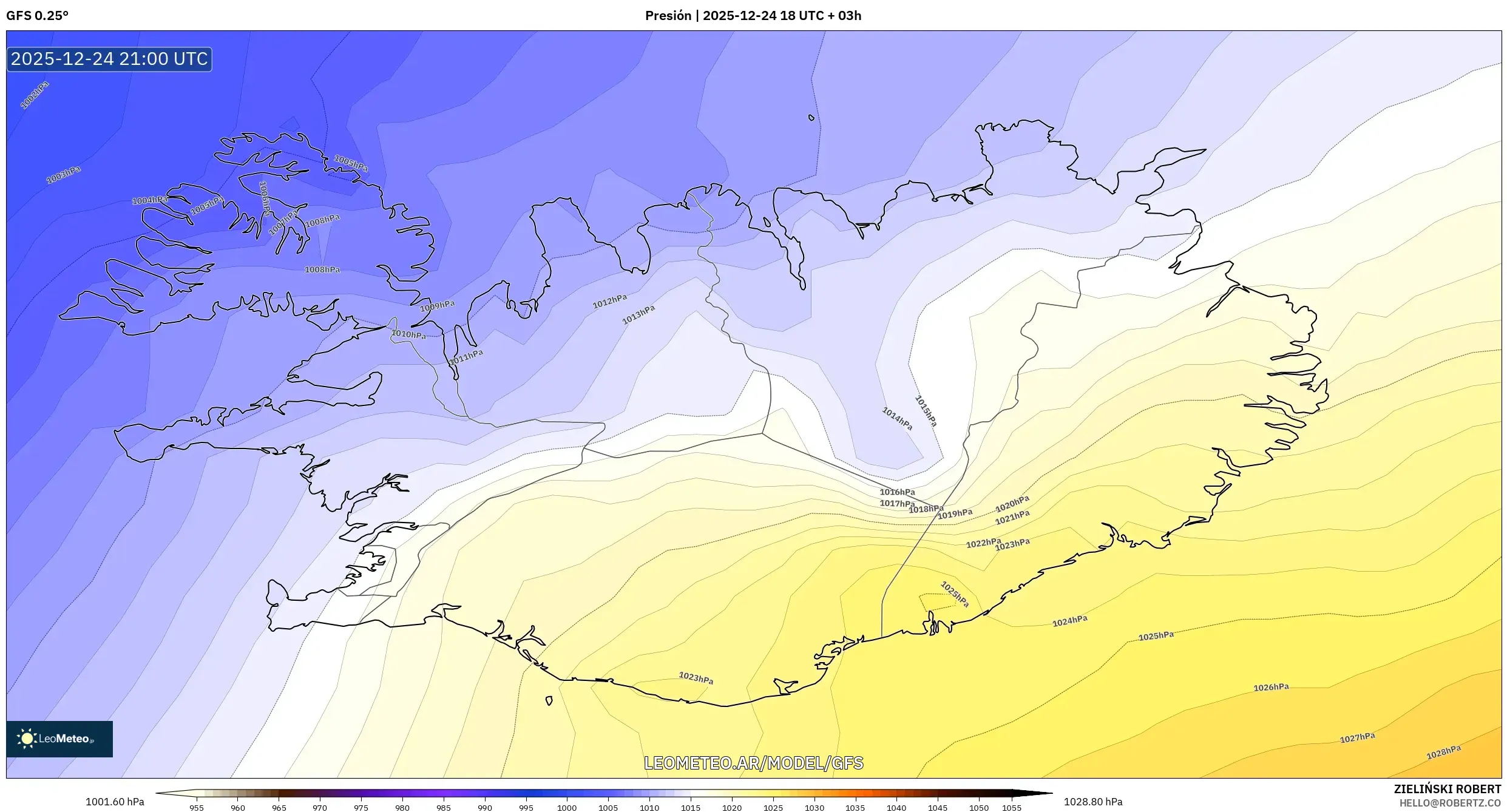 GFS model - Islandia, Ciśnienie