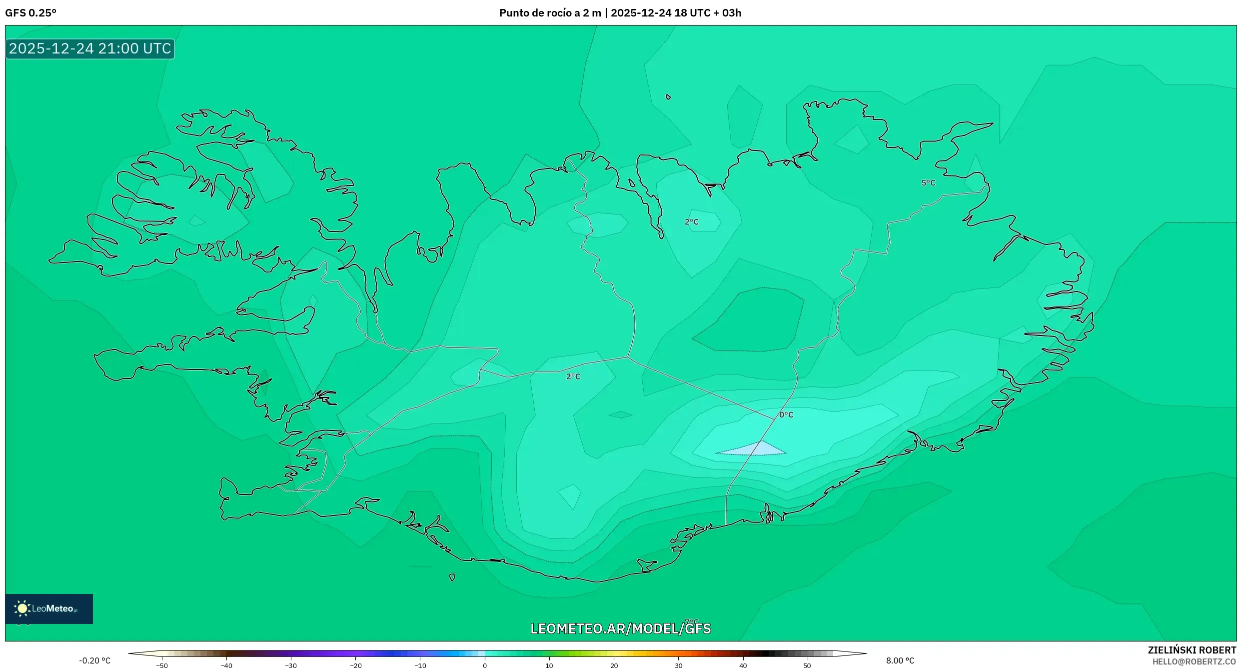GFS model - Islandia, Punkt rosy na 2 m