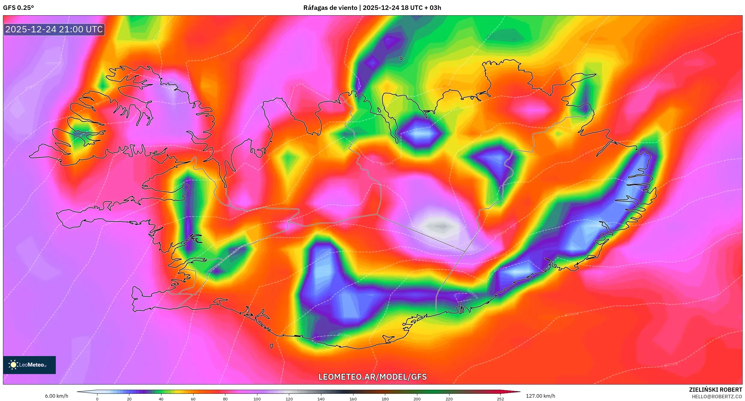 GFS model - Islandia, Porywy wiatru